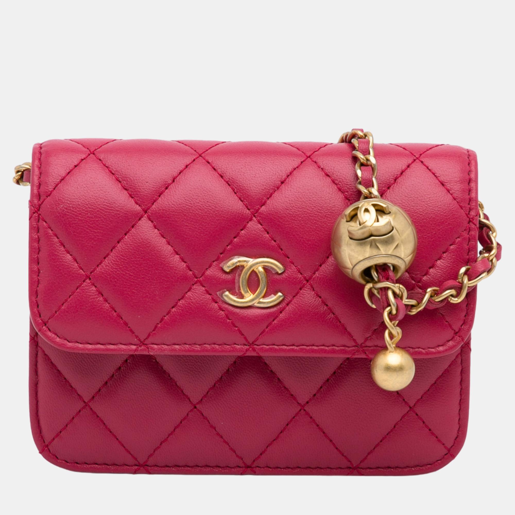 Chanel pink mini cc matelasse pearl crush lambskin crossbody bag