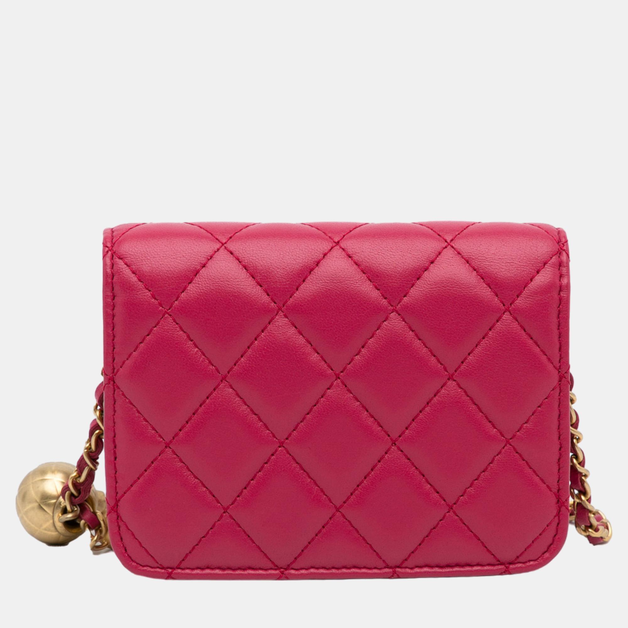 Chanel Pink Mini CC Matelasse Pearl Crush Lambskin Crossbody Bag