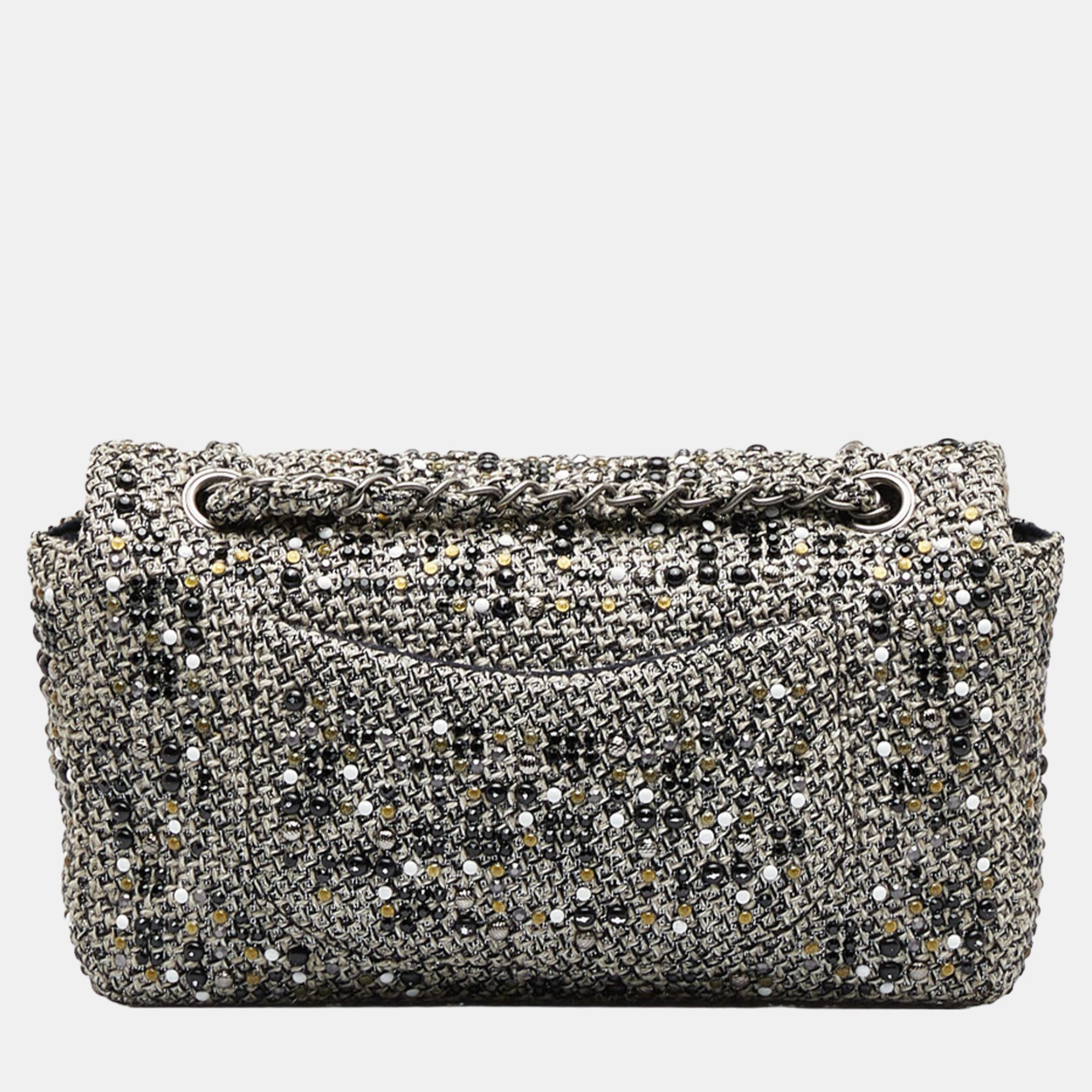 Chanel Grey Medium Quilted Crystal Tweed Single Flap Bag