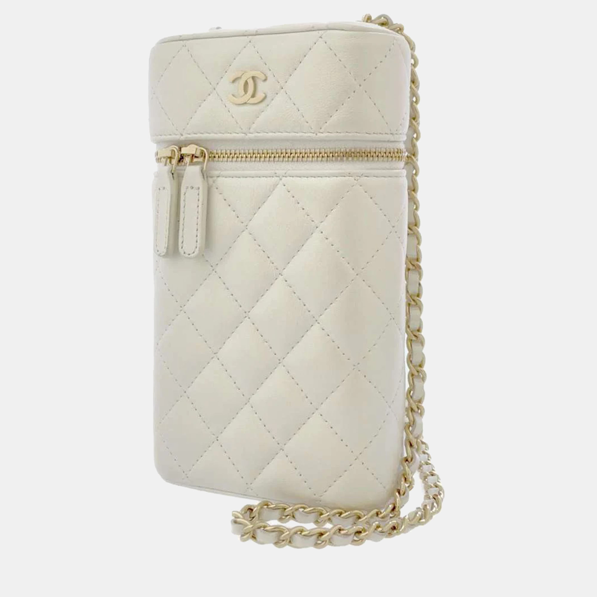 Chanel white leather vanity  phone holder shoulder bag