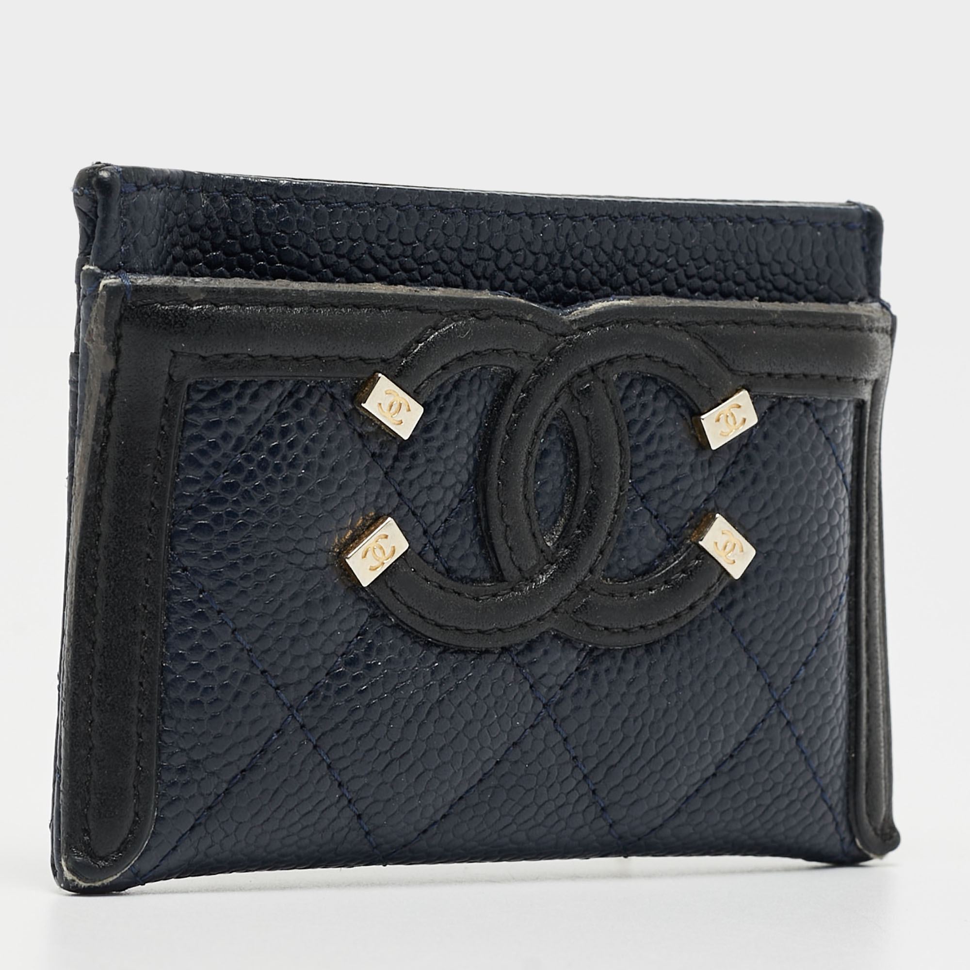 Chanel Blue/Black Quilted Caviar Leather Filigree Card Holder