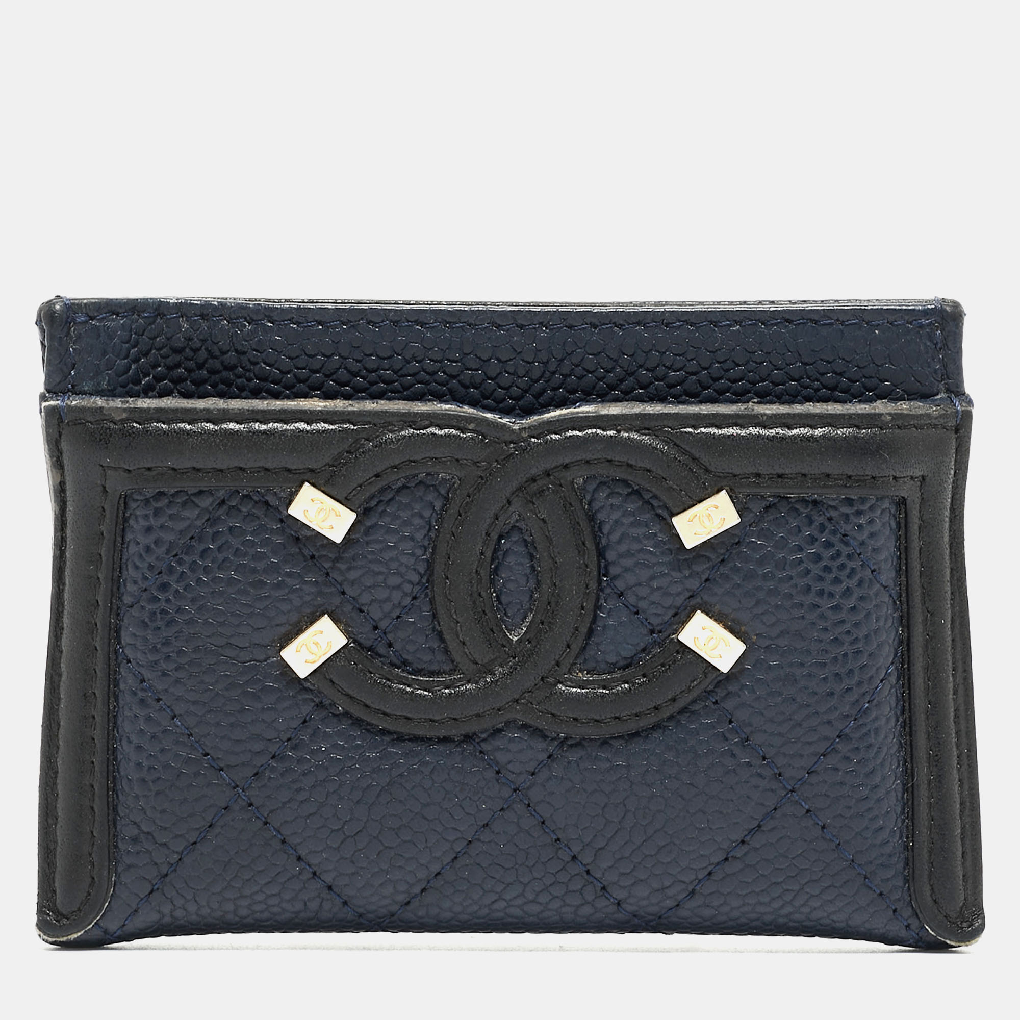 Chanel Blue/Black Quilted Caviar Leather Filigree Card Holder