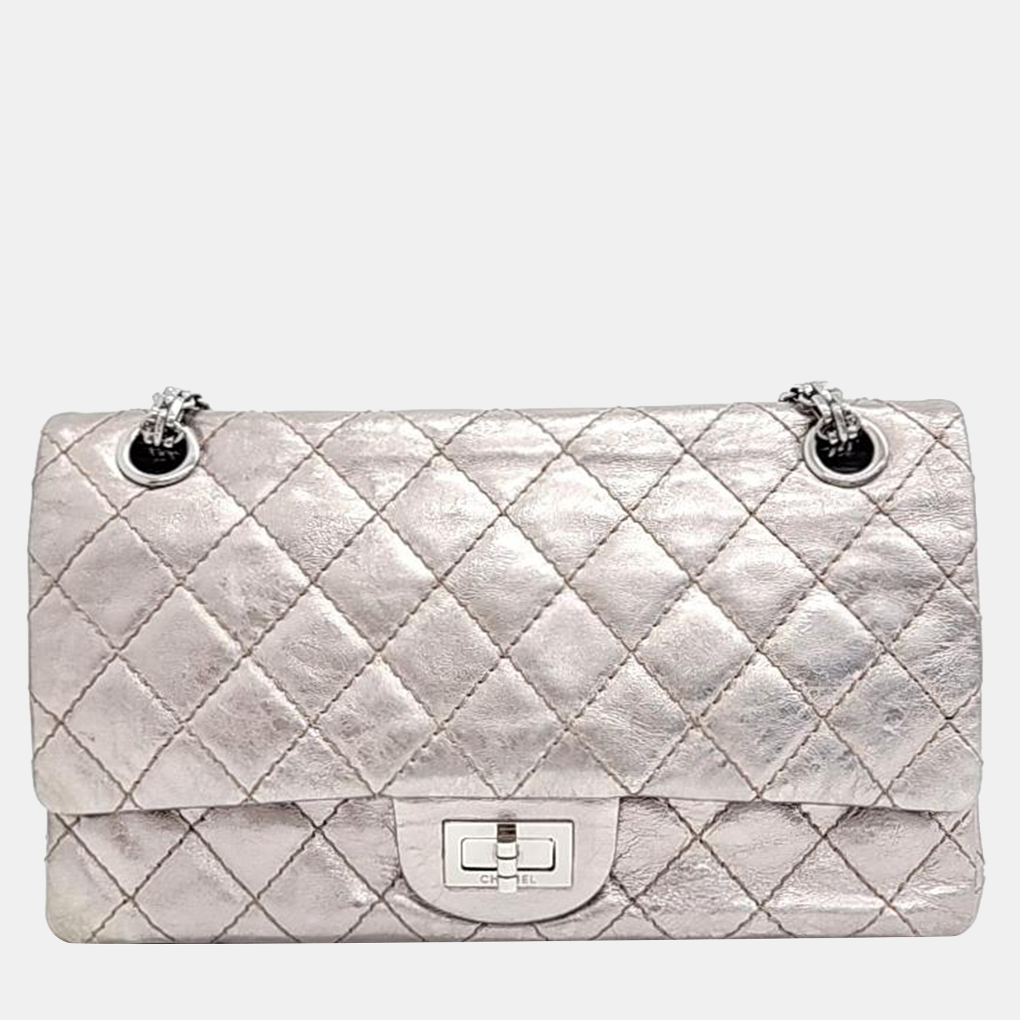 Chanel silver quilted crinkled leather reissue 2.55 classic 227 double flap bag