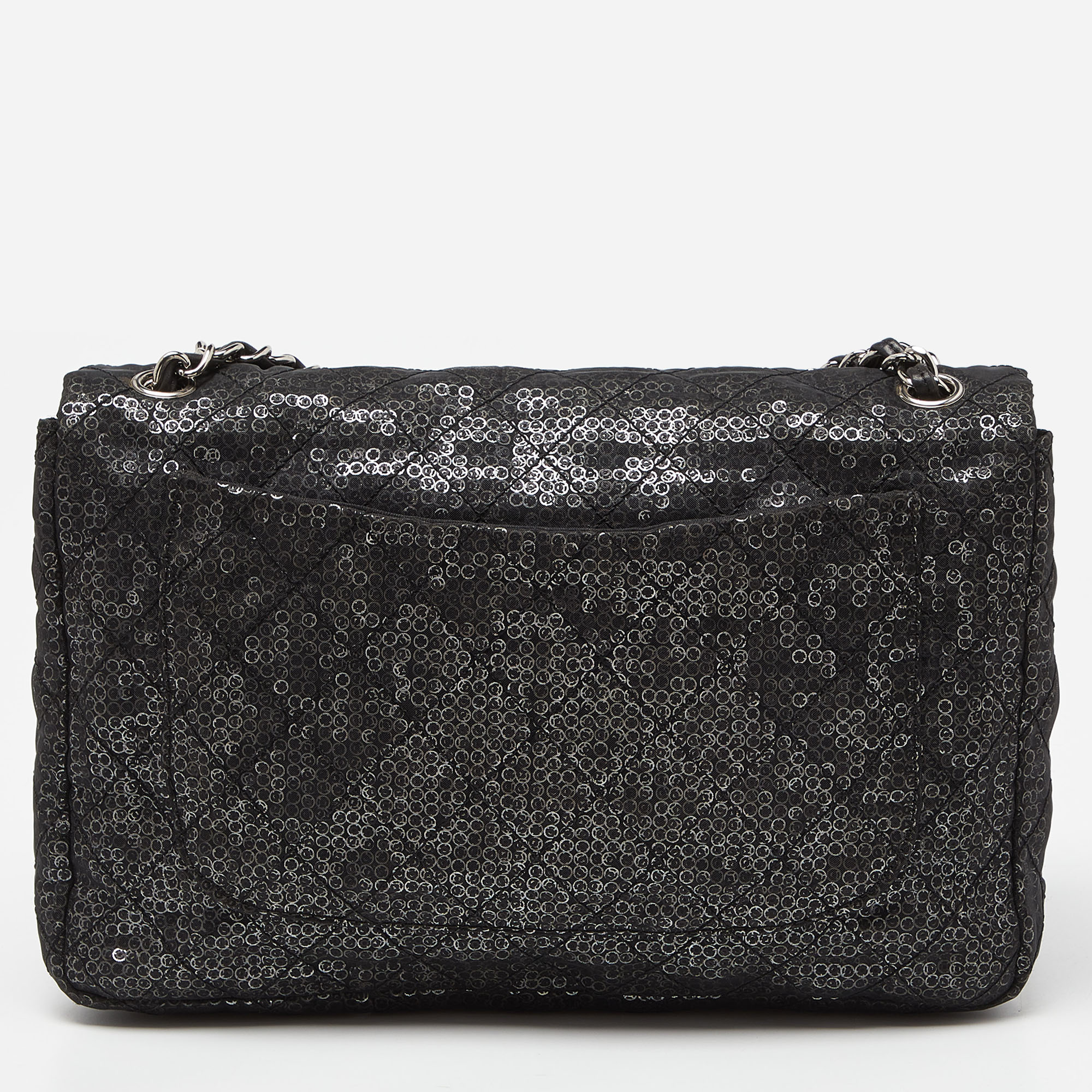 Chanel Black Mesh And Sequins Jumbo Classic Flap Bag