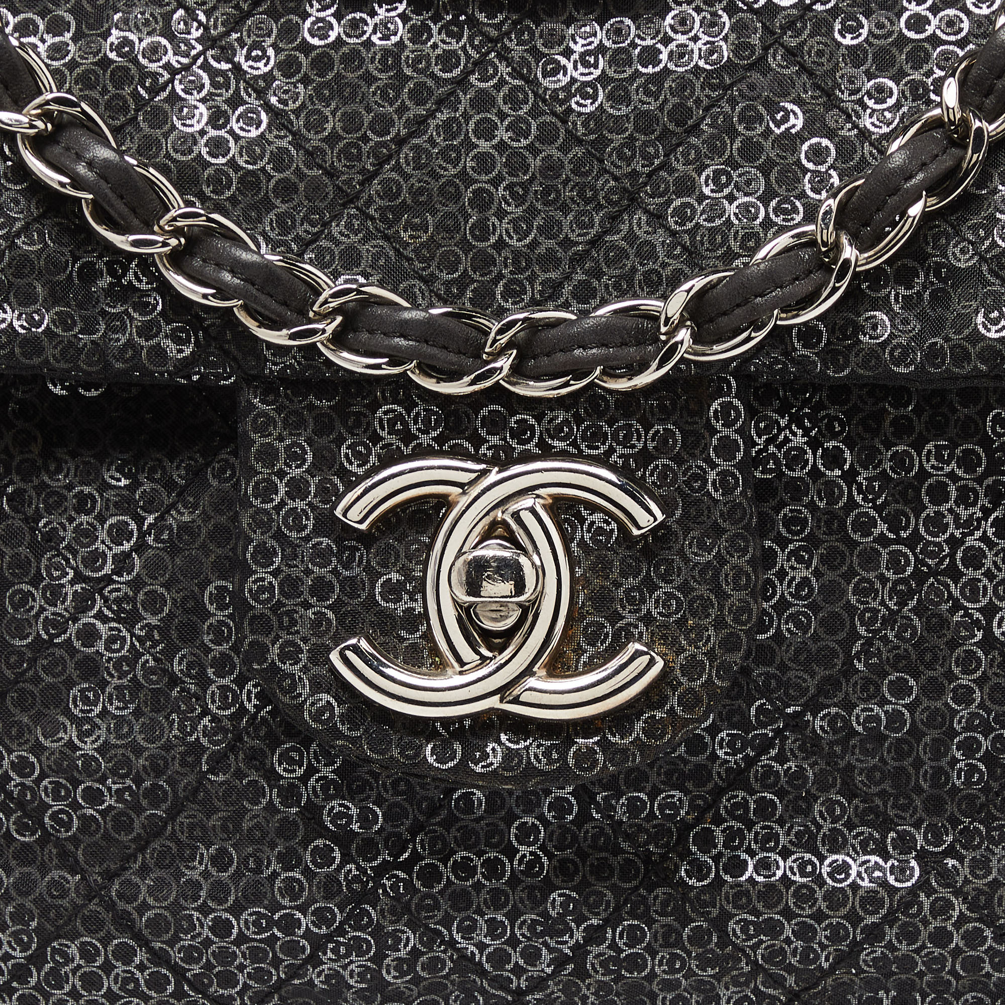 Chanel Black Mesh And Sequins Jumbo Classic Flap Bag