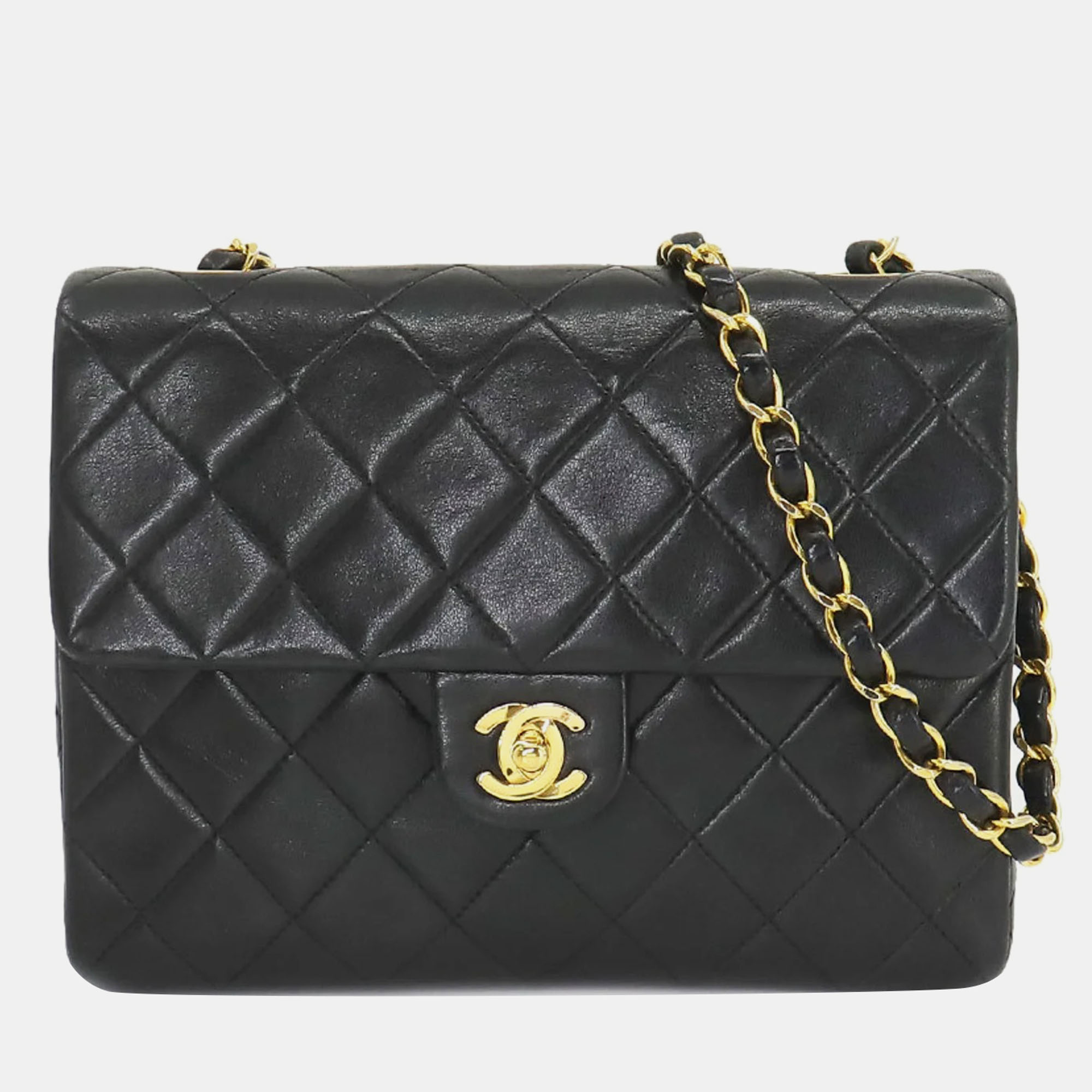 Chanel black lambskin leather small vintage classic flap bag