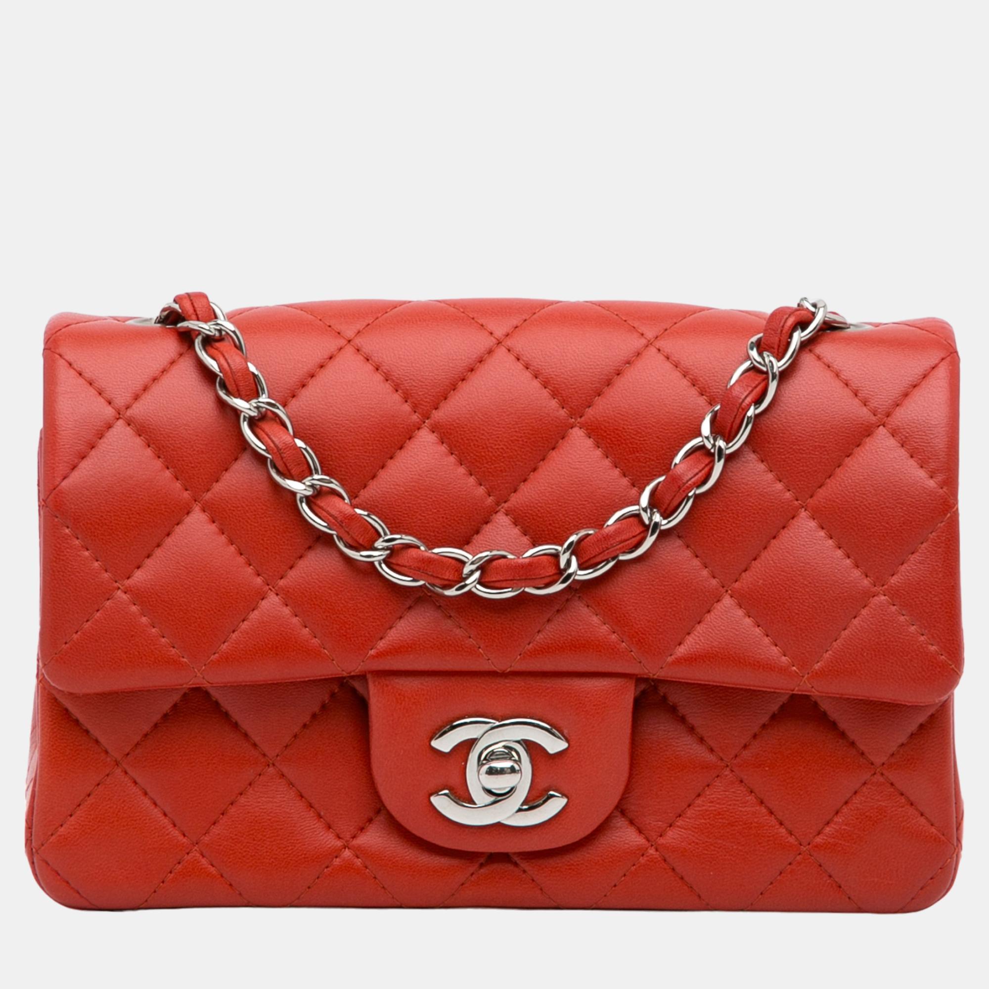 Chanel red mini classic lambskin rectangular single flap