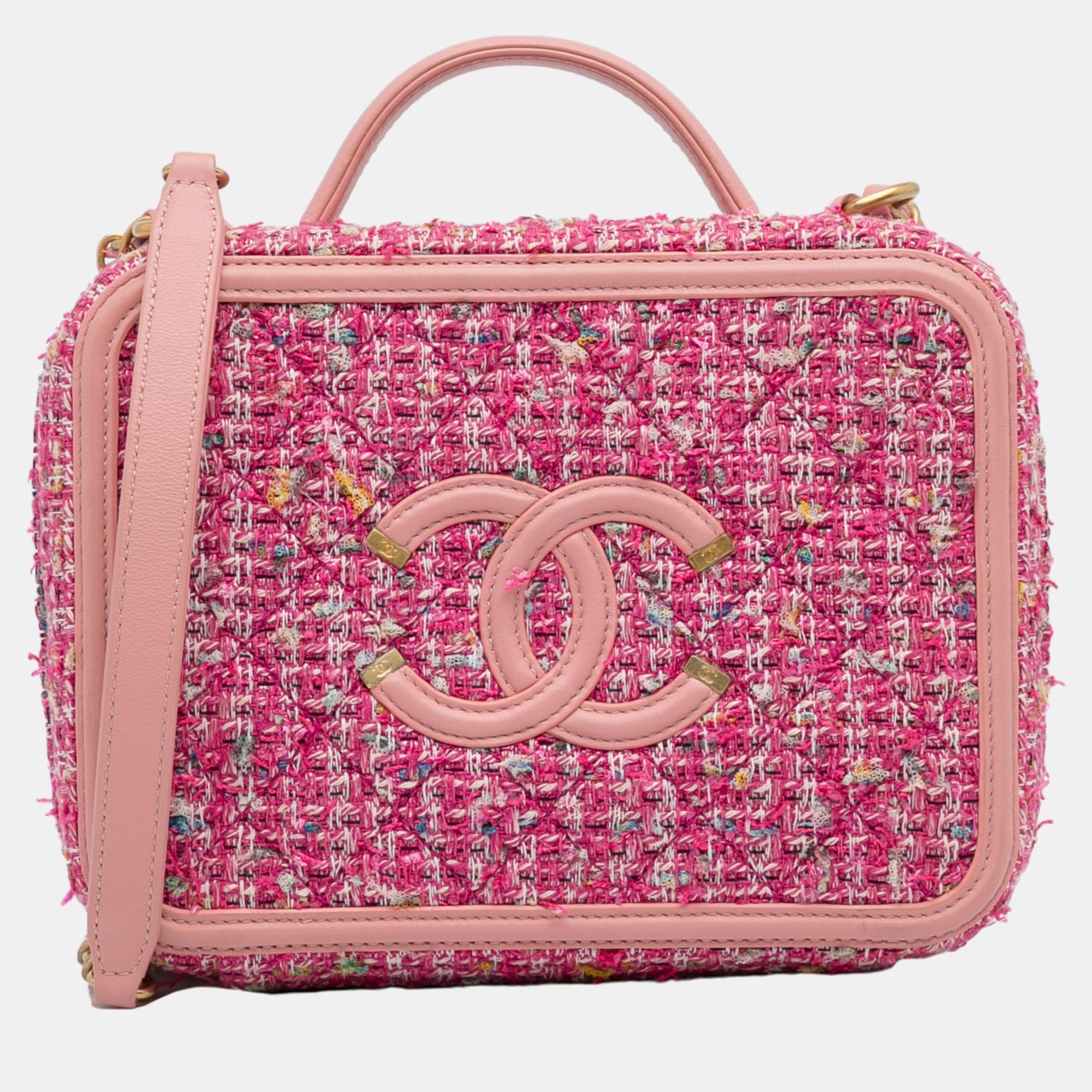 Chanel pink medium tweed filigree vanity bag