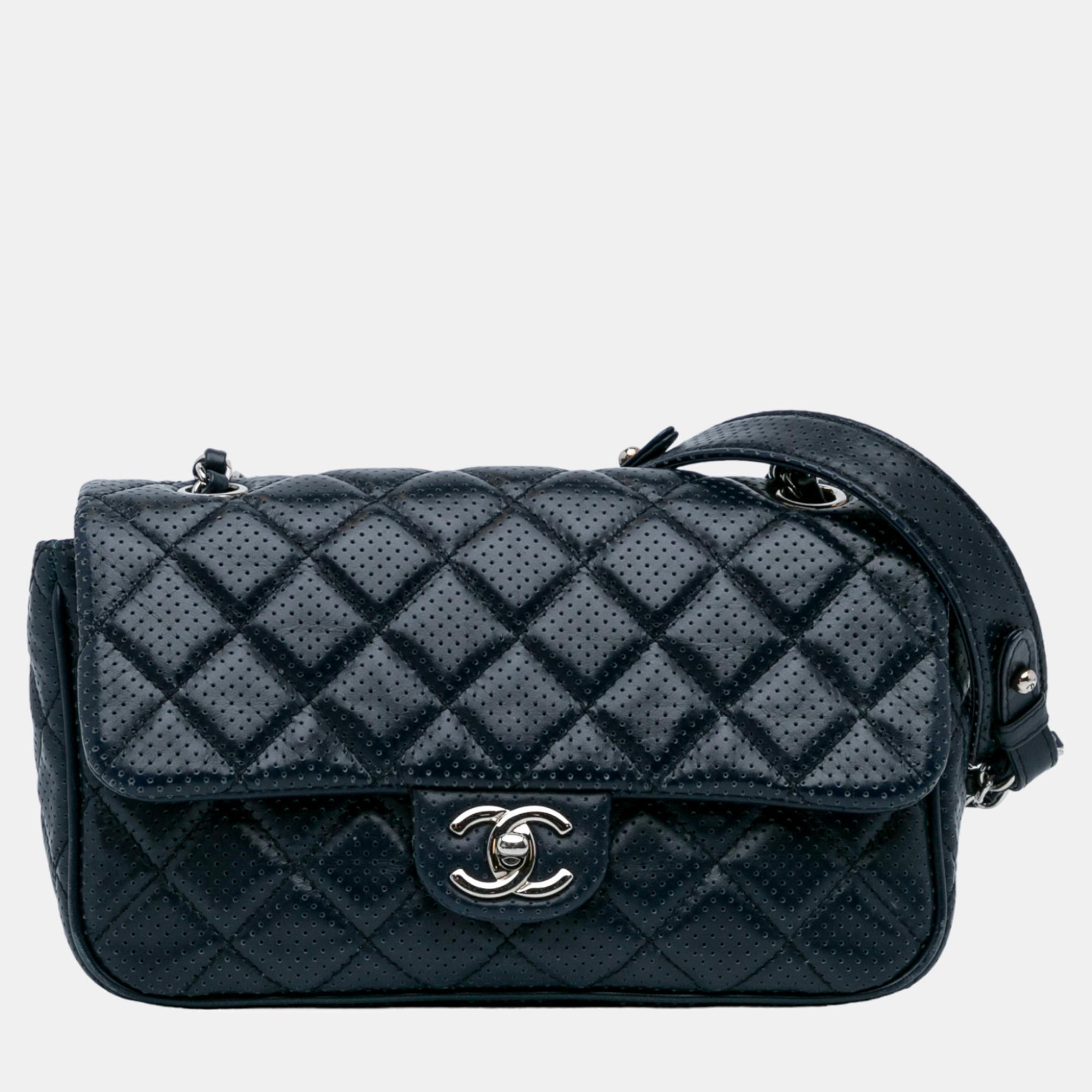 Chanel navy blue perforated classic mini rectangular flap
