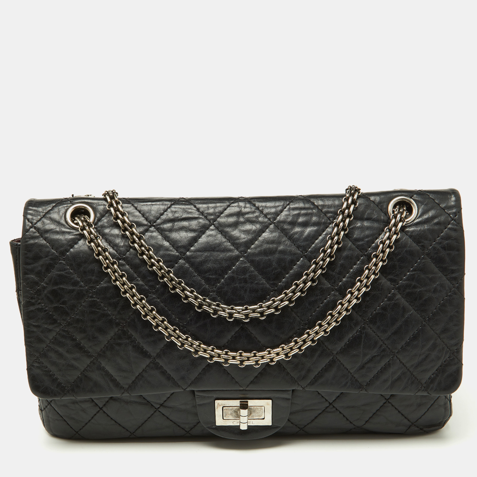 Chanel black quilted aged leather reissue 2.55 classic 227 flap bag