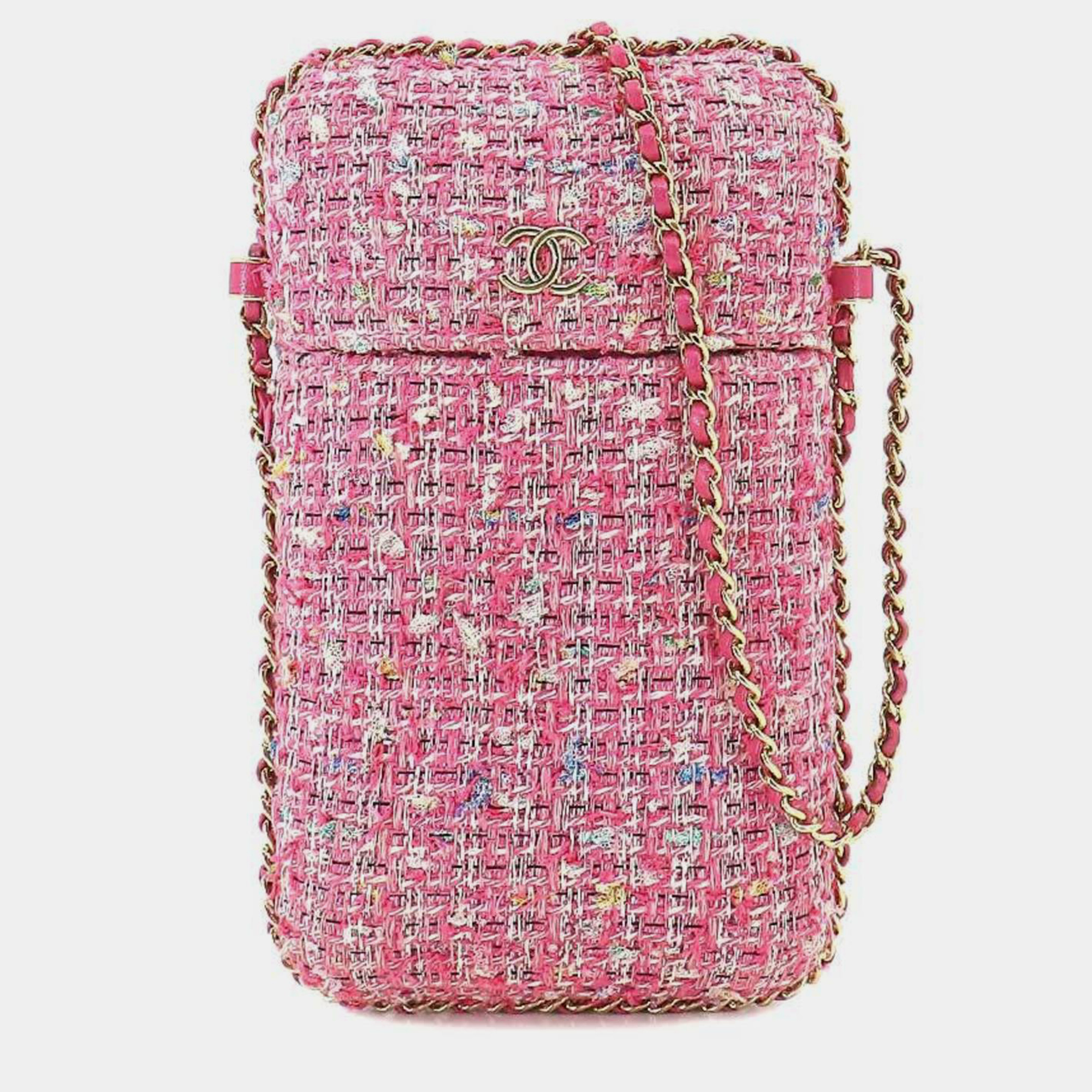 Chanel pink tweed chain around phone holder crossbody bag