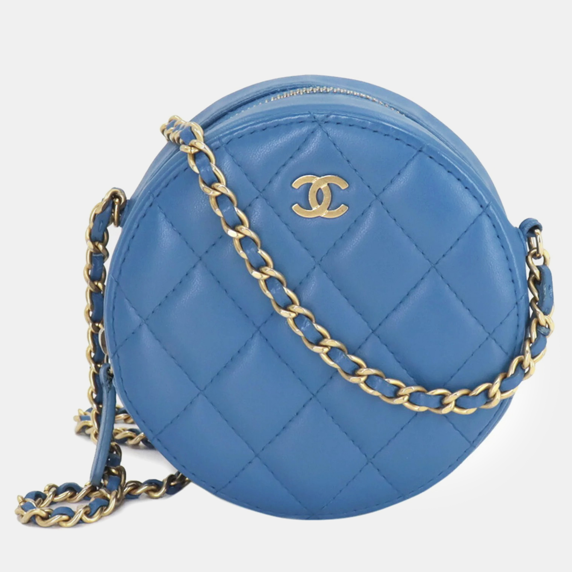 Chanel leather blue round mini classic chain shoulder bag
