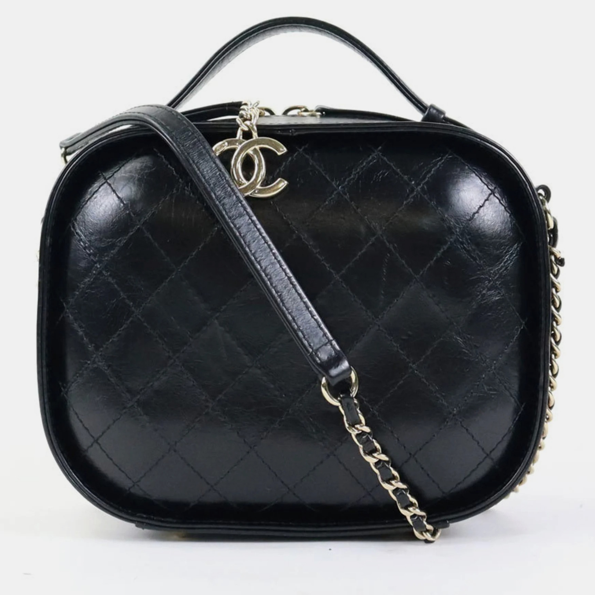 Chanel black leather vanity case bag