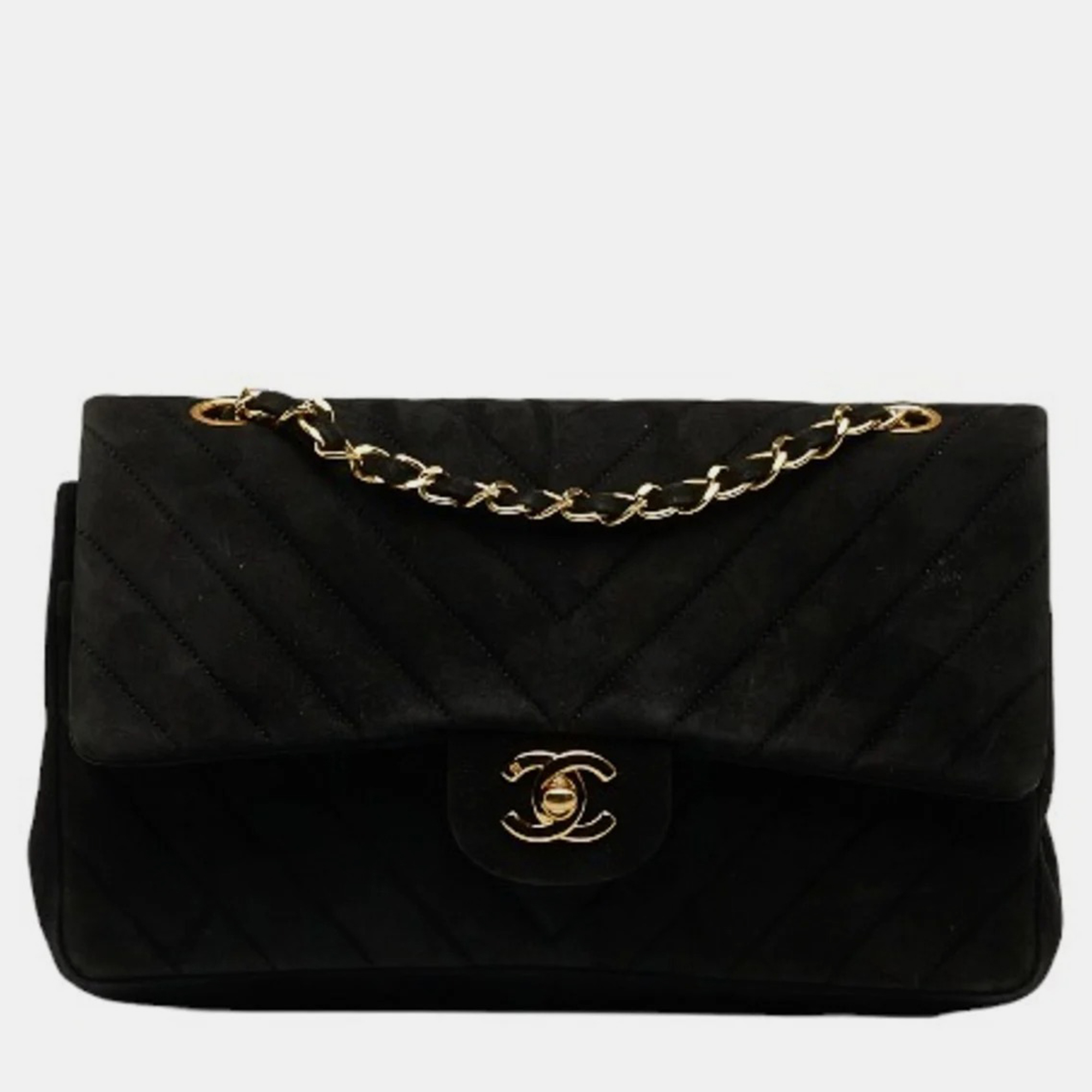Chanel black suede chevron double flap bag