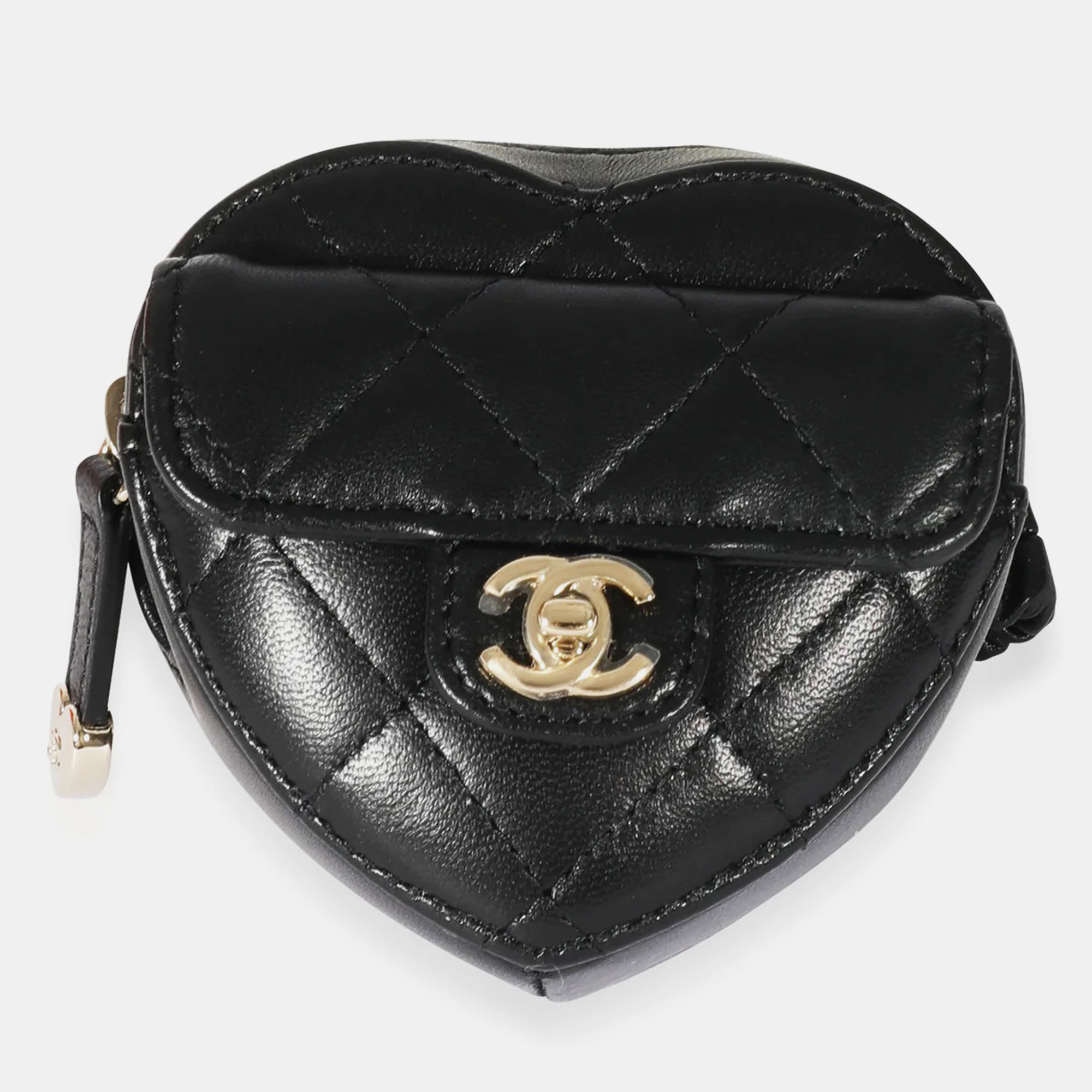 Chanel black quilted lambskin heart zipped arm coin purse