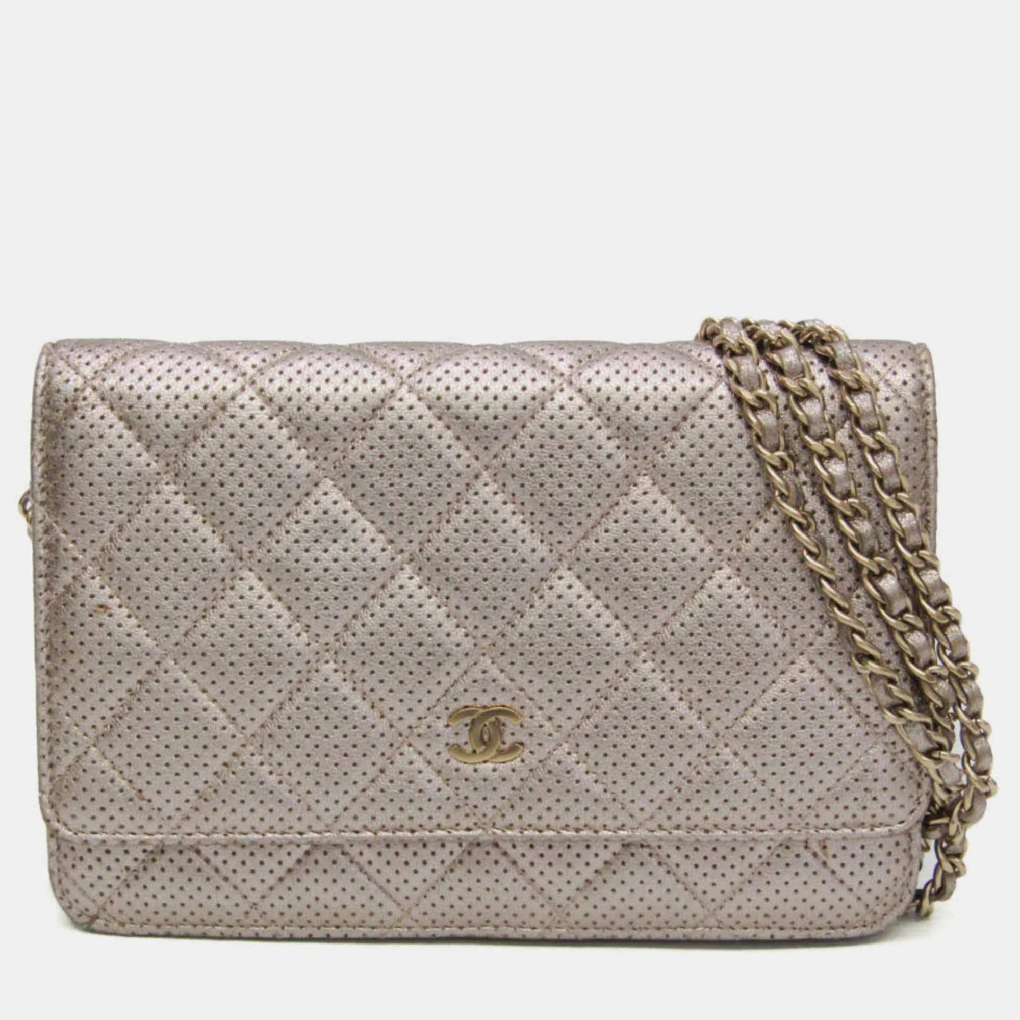 Chanel silver perforated classic wallet on chain