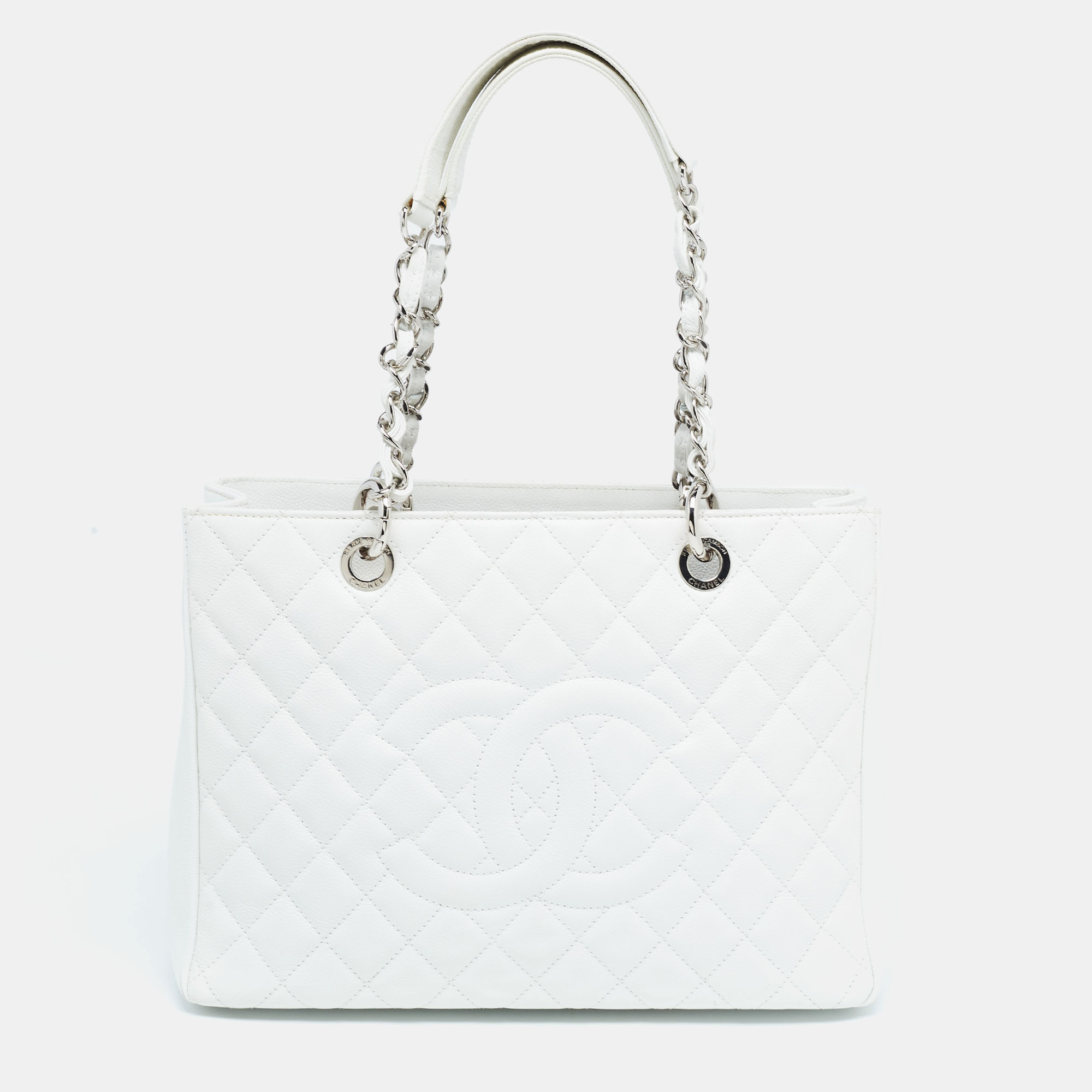 Chanel white quilted caviar leather grand shopping tote