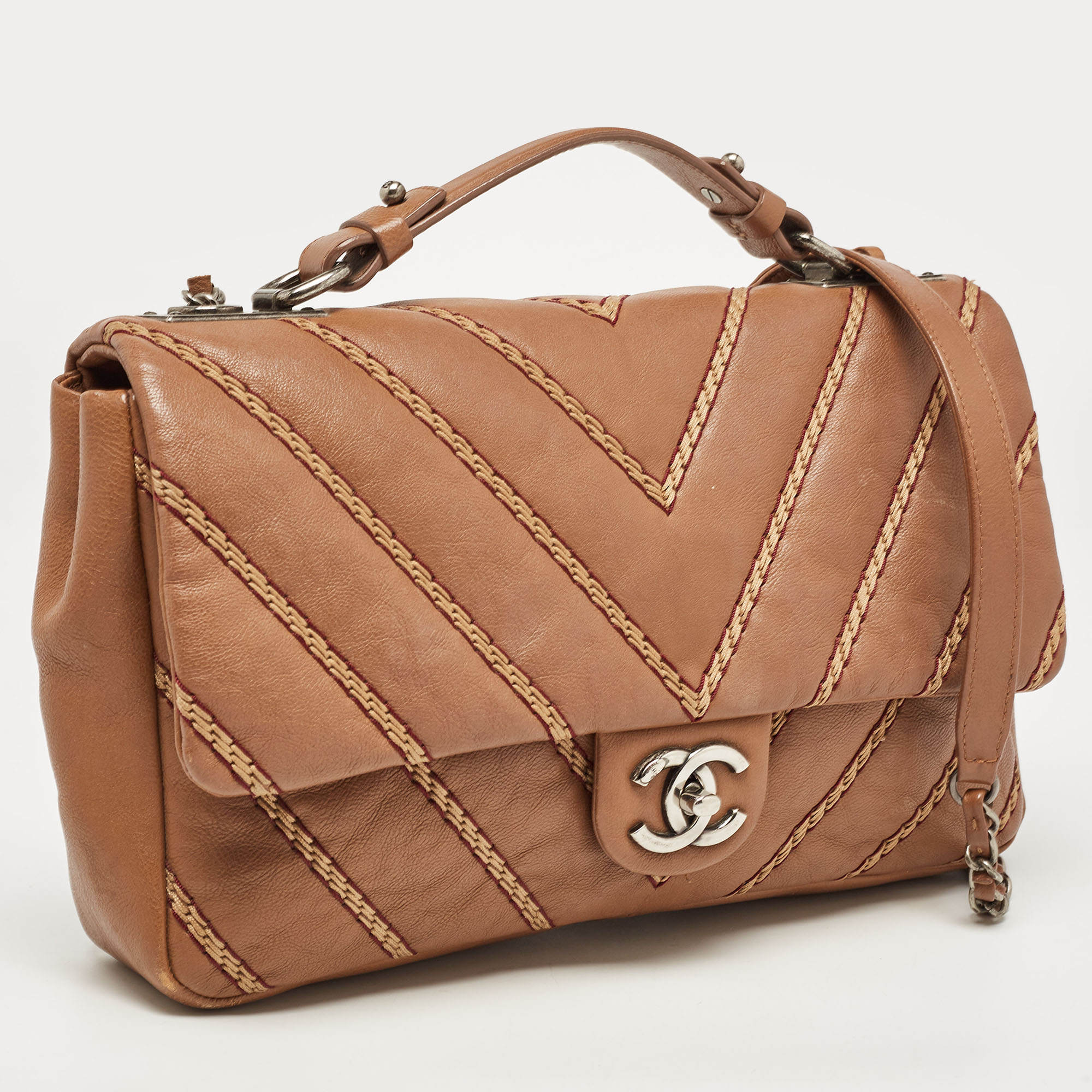 Chanel Brown Chevron Stitched Leather Classic Top Handle Bag