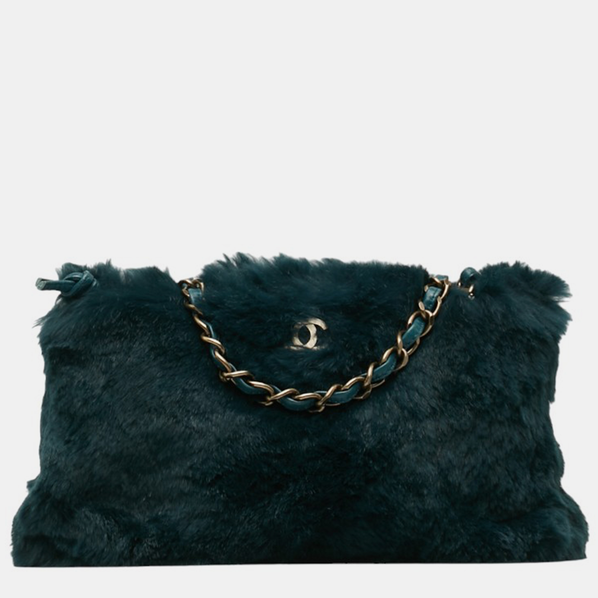 Chanel green leather cc fur chain shoulder bag