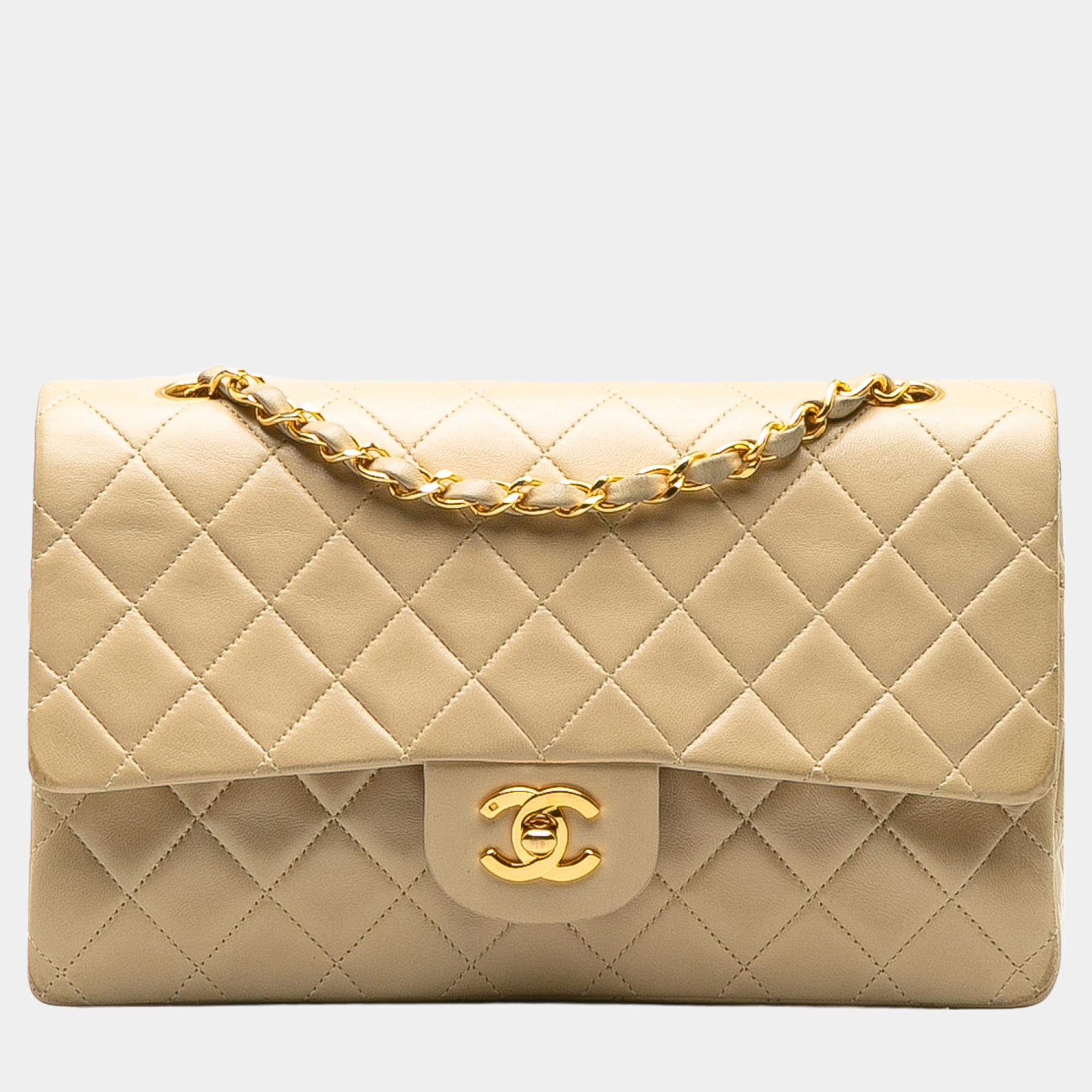 Chanel beige medium classic lambskin double flap