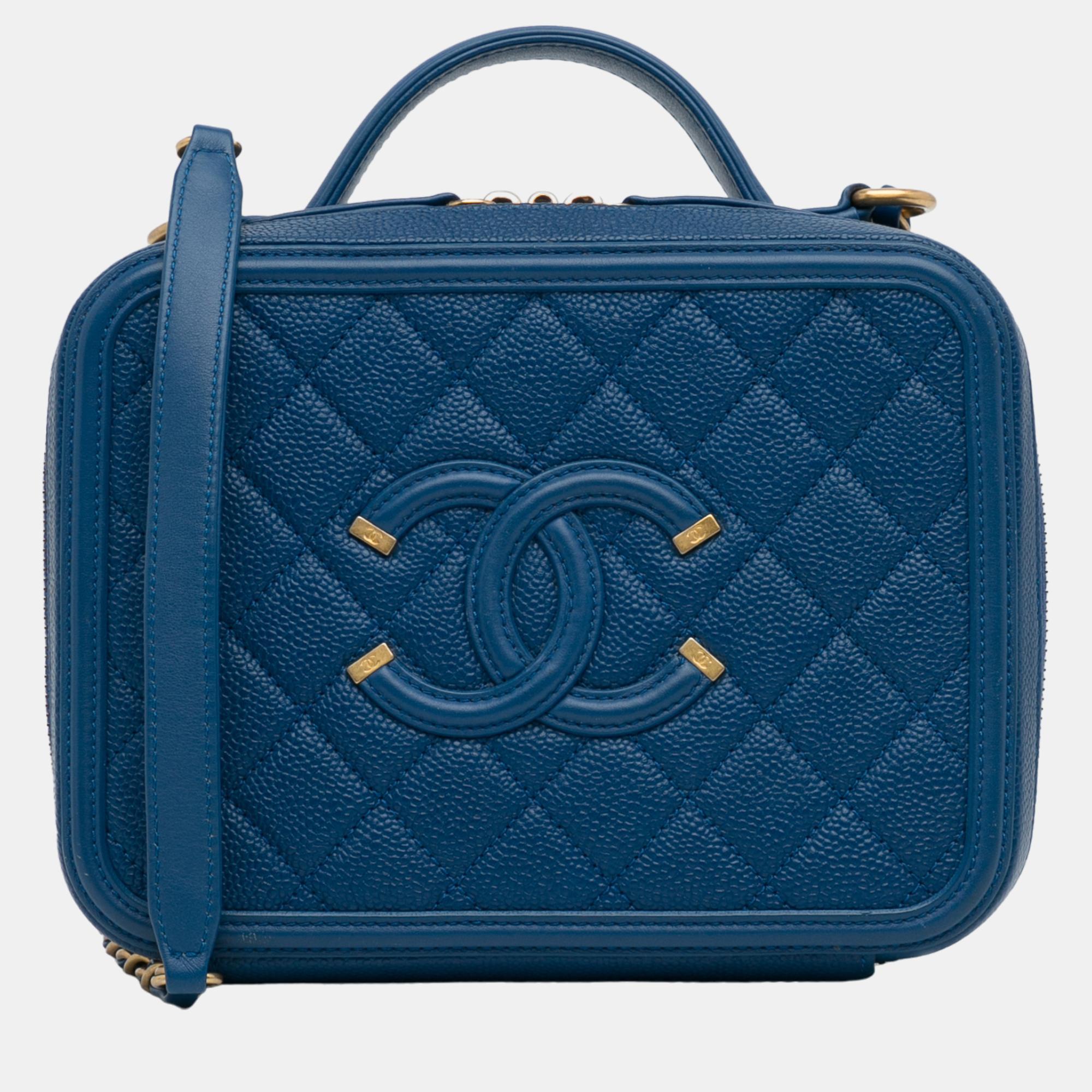 Chanel blue medium cc filigree caviar vanity case