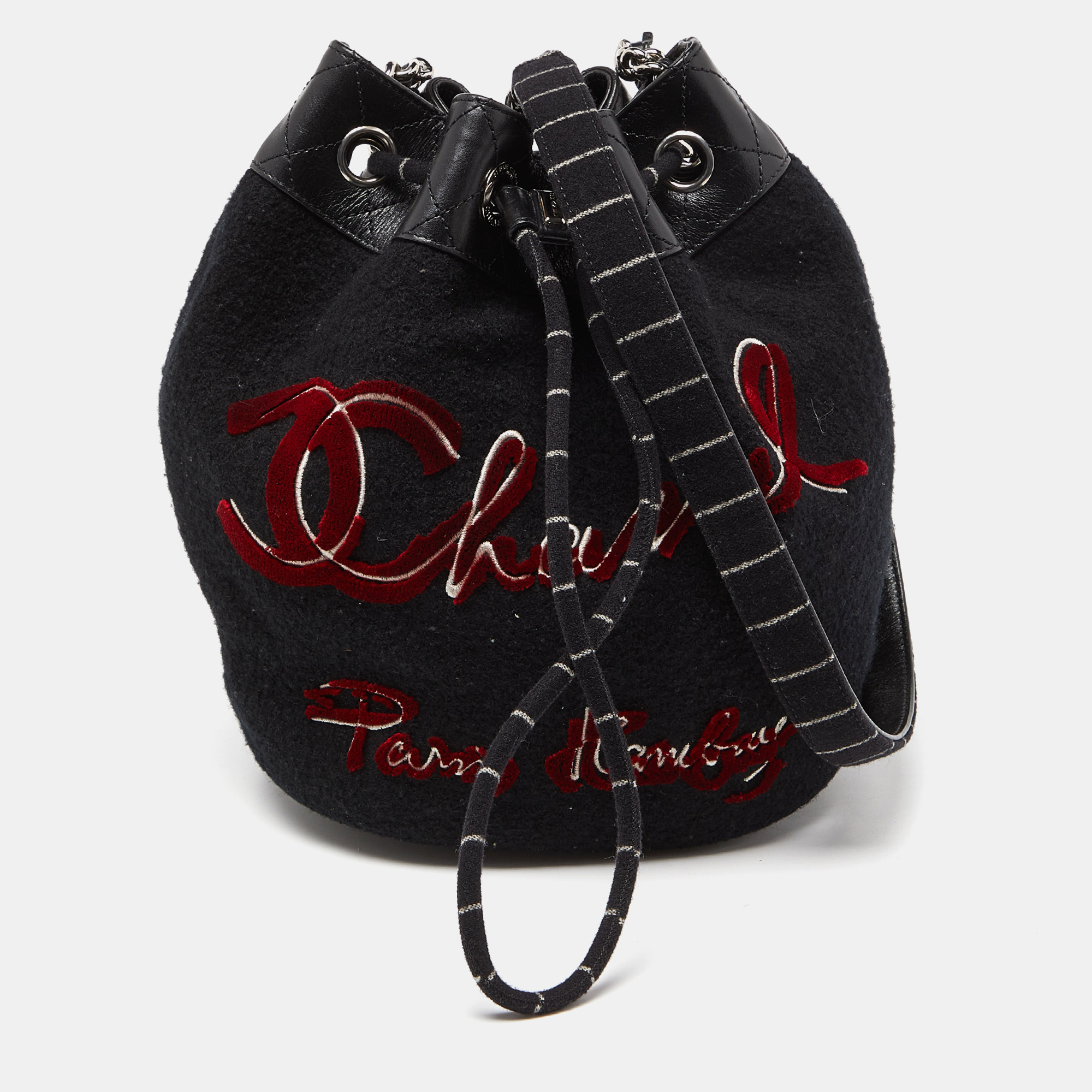 Chanel black wool and leather embroidered paris hamburg drawstring bag