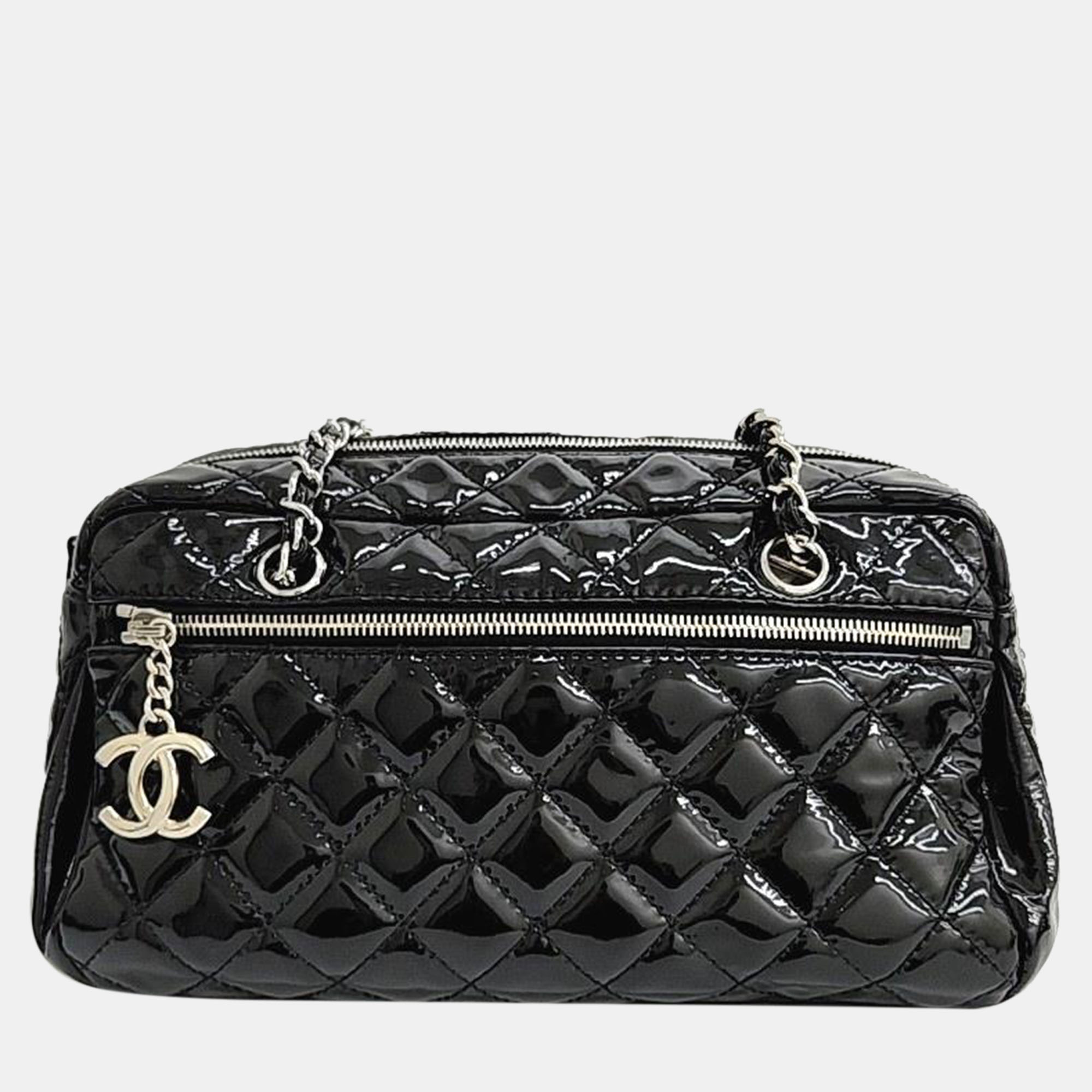 Chanel black patent leather quilted bowler bag