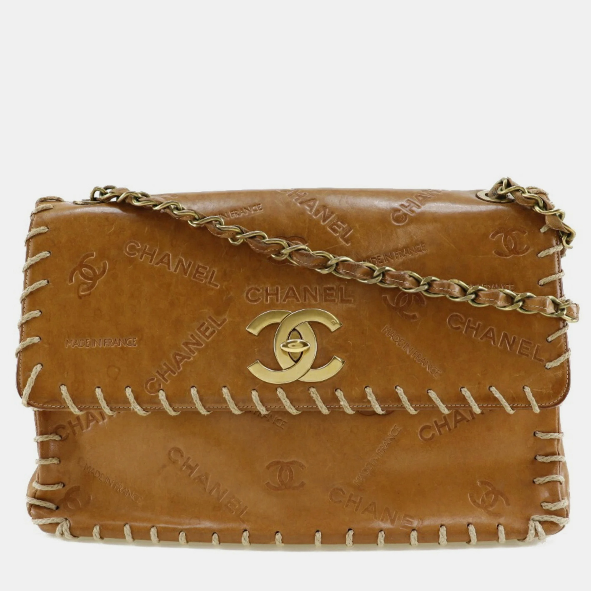 Chanel coco mark logo vintage tanned leather brown/gold chain shoulder bag