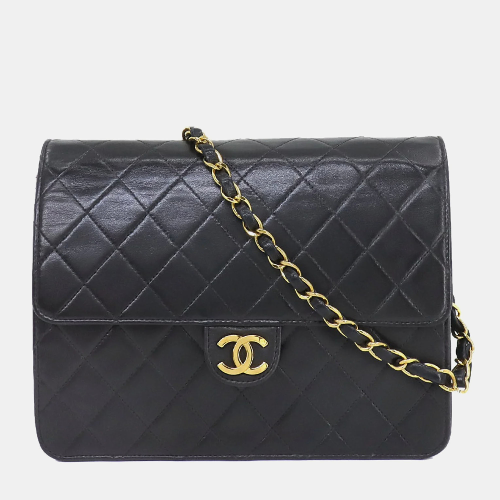Chanel black lambskin leather small vintage chain flap bag