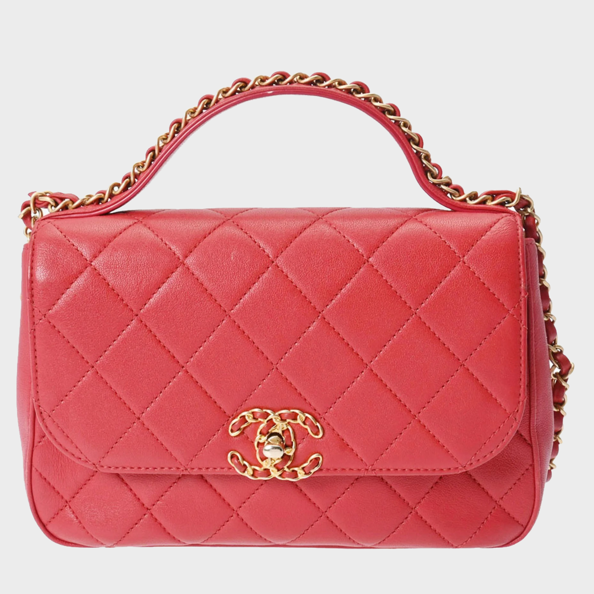 Chanel red quilted lambskin top handle bag