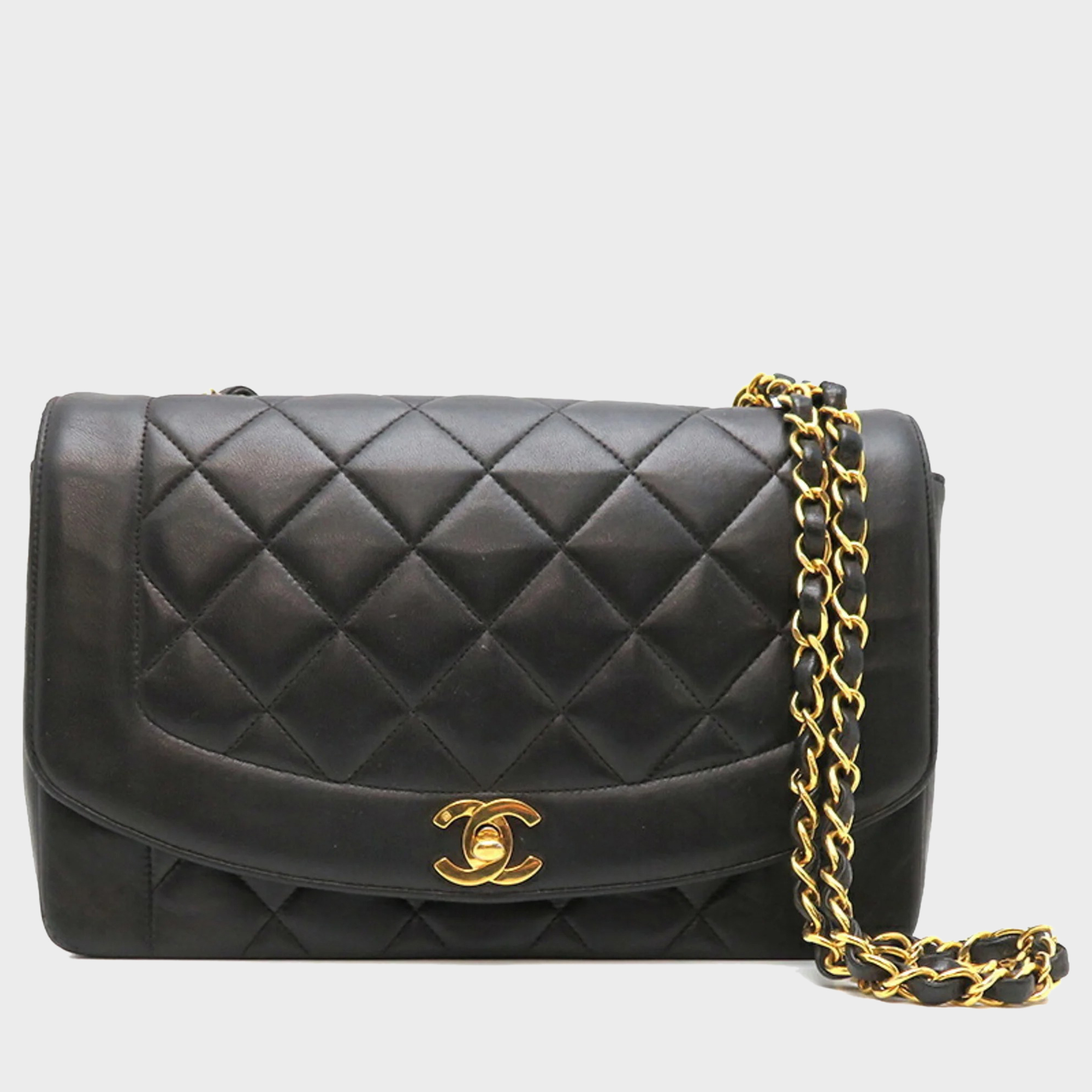 Chanel  black lambskin leather vintage diana shoulder bag