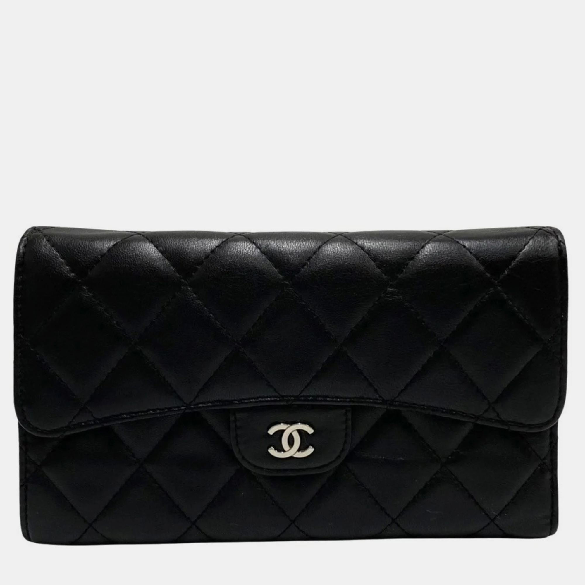 Chanel chanle black leather quilted lamskin long l flap wallet