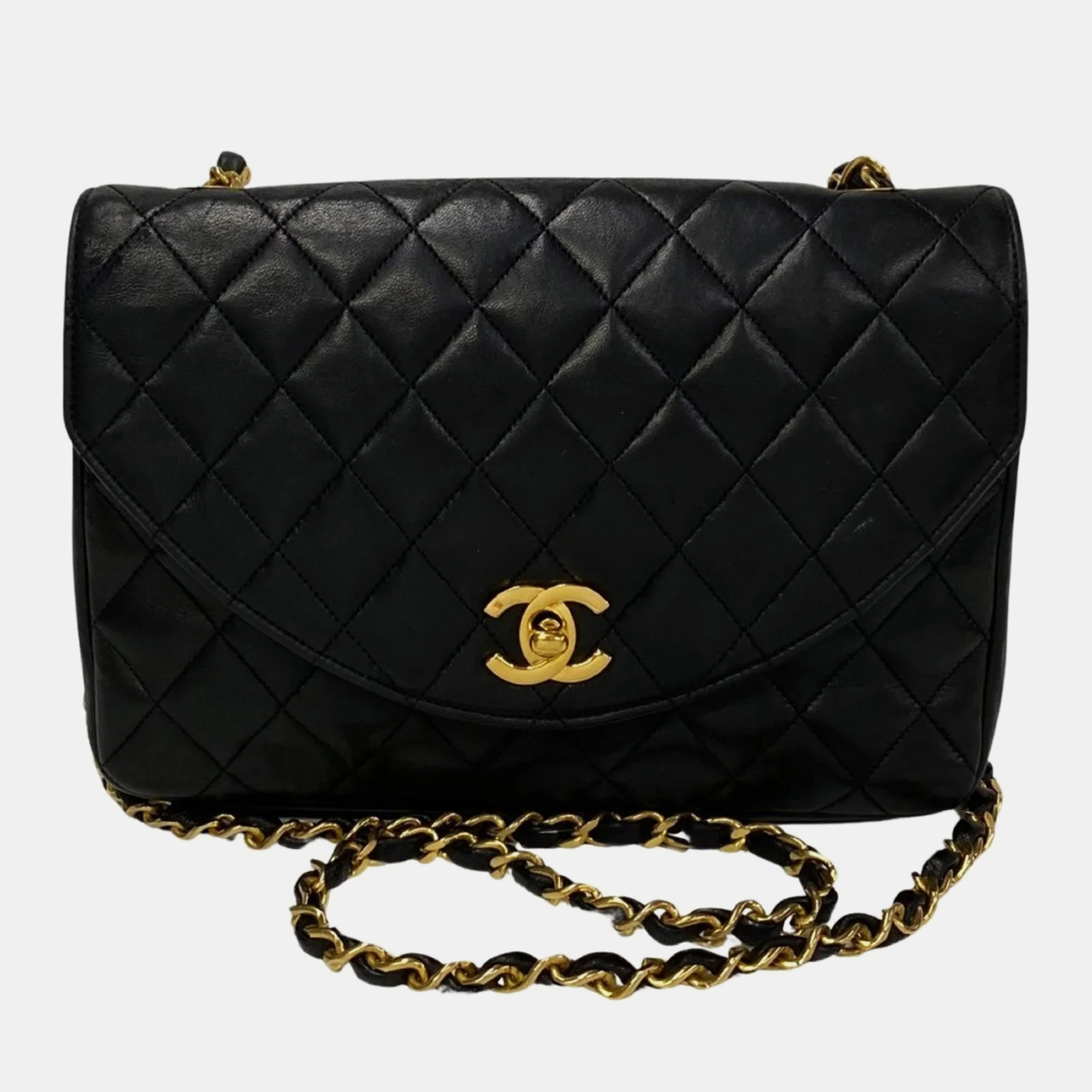 Chanel black leather vintage classic round flap bag