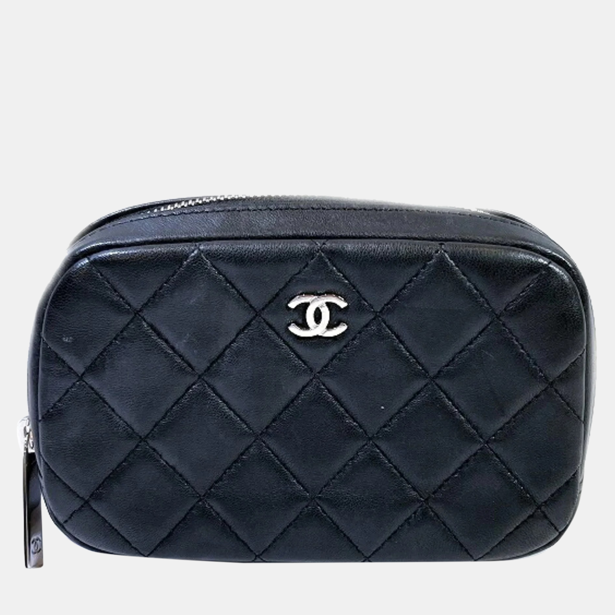 Chanel black quilted caviar curvy cosmetic pouch