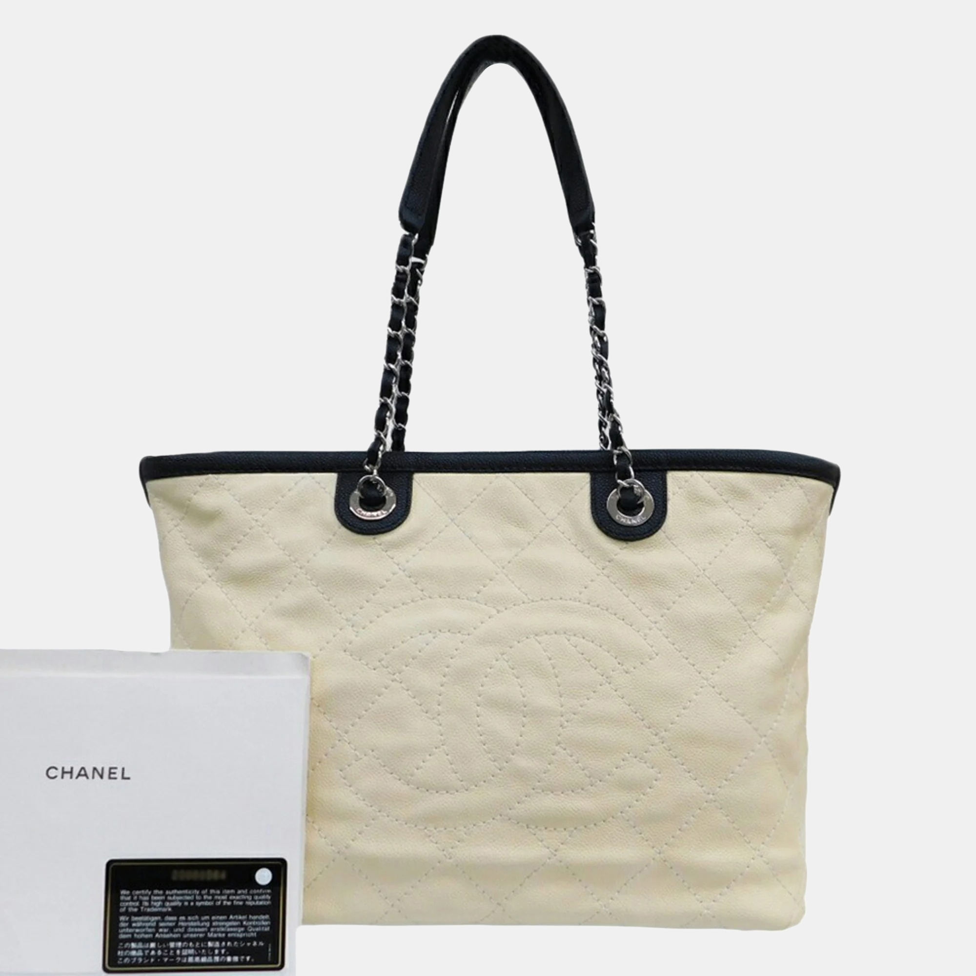 Chanel white/black quilted small cc tote