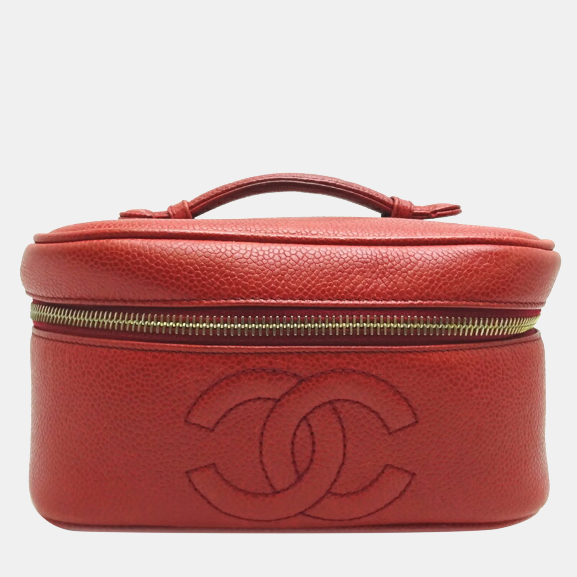Chanel caviar skin red vanity case ladies handbag