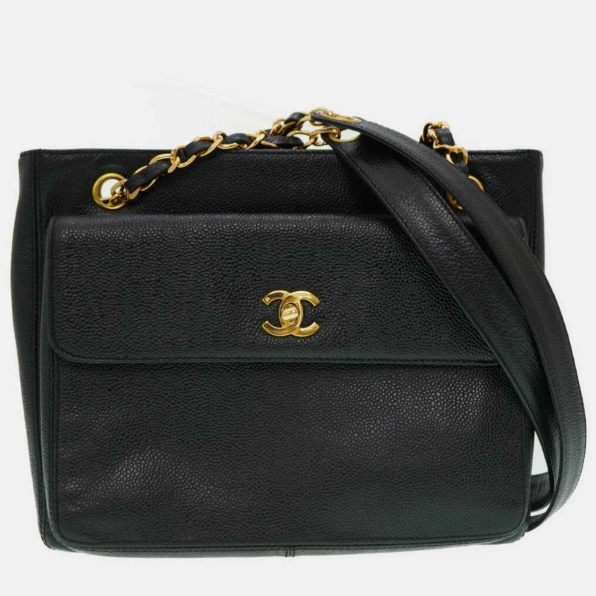 Chanel black caviar leather classic front pocket shoulder bag