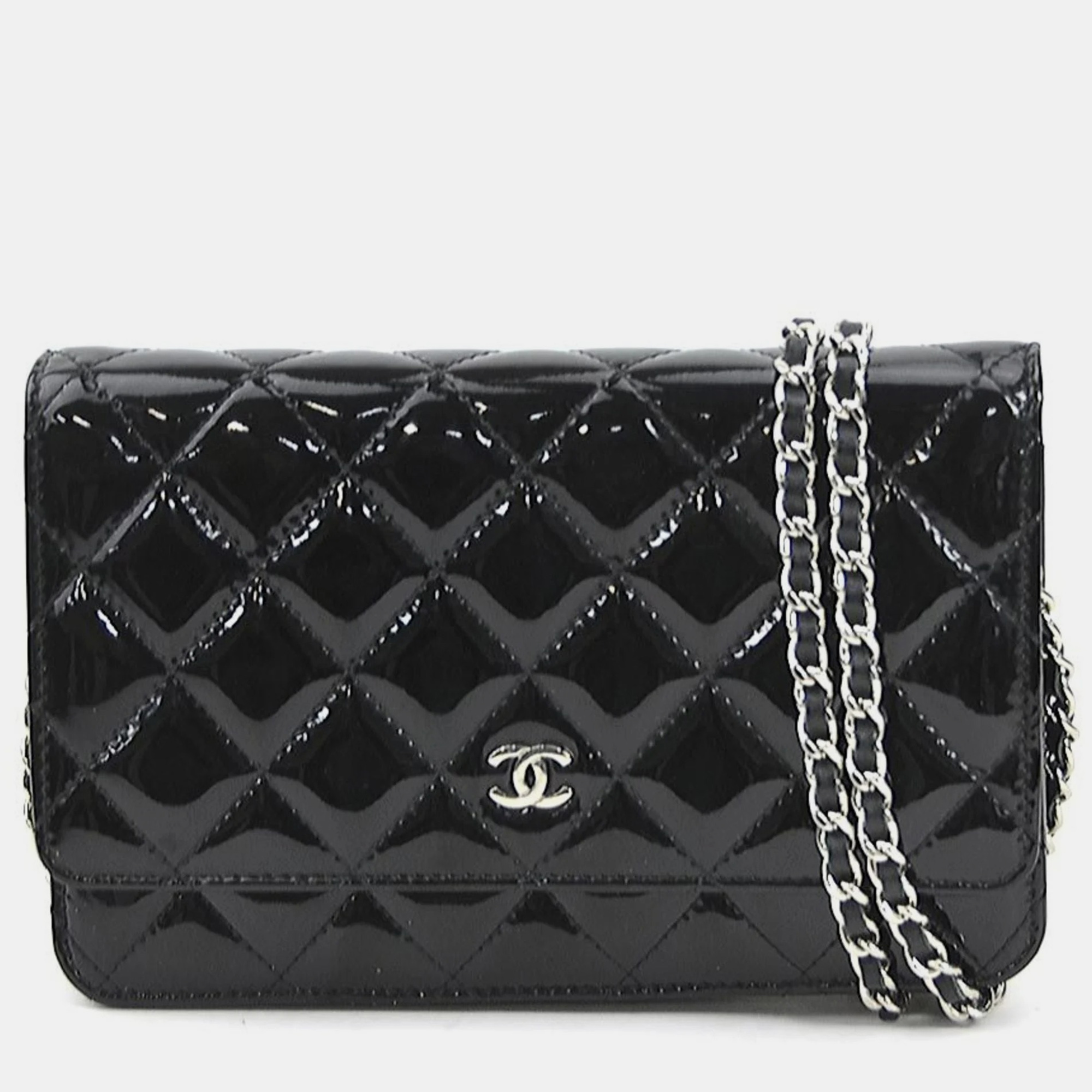 Chanel black patent leather cc wallet on chain