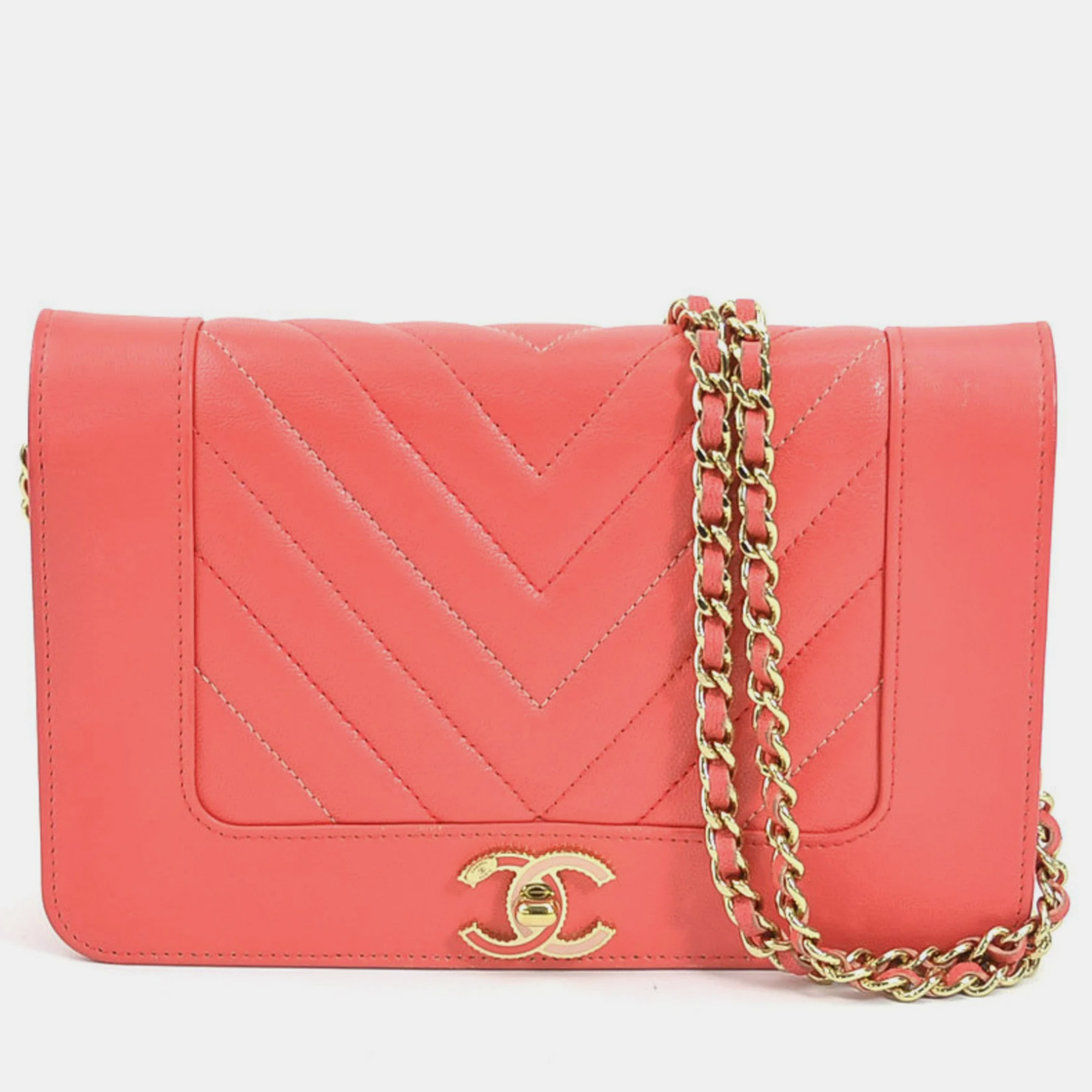 Chanel coral leather mademoiselle vintage wallet on chain