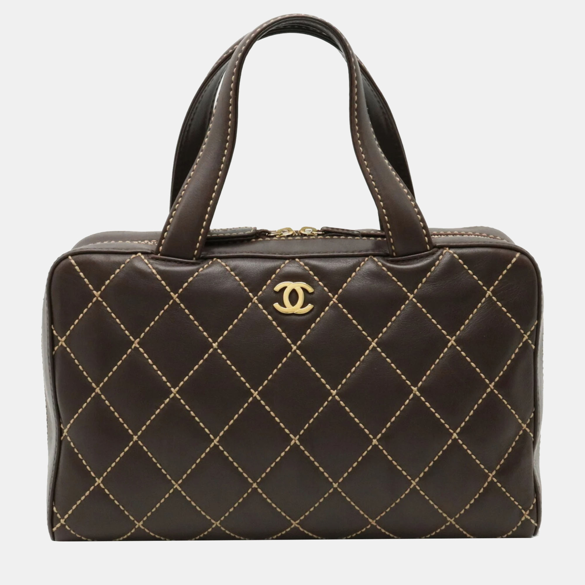 Chanel leather dark brown chanel surpique bowler bag