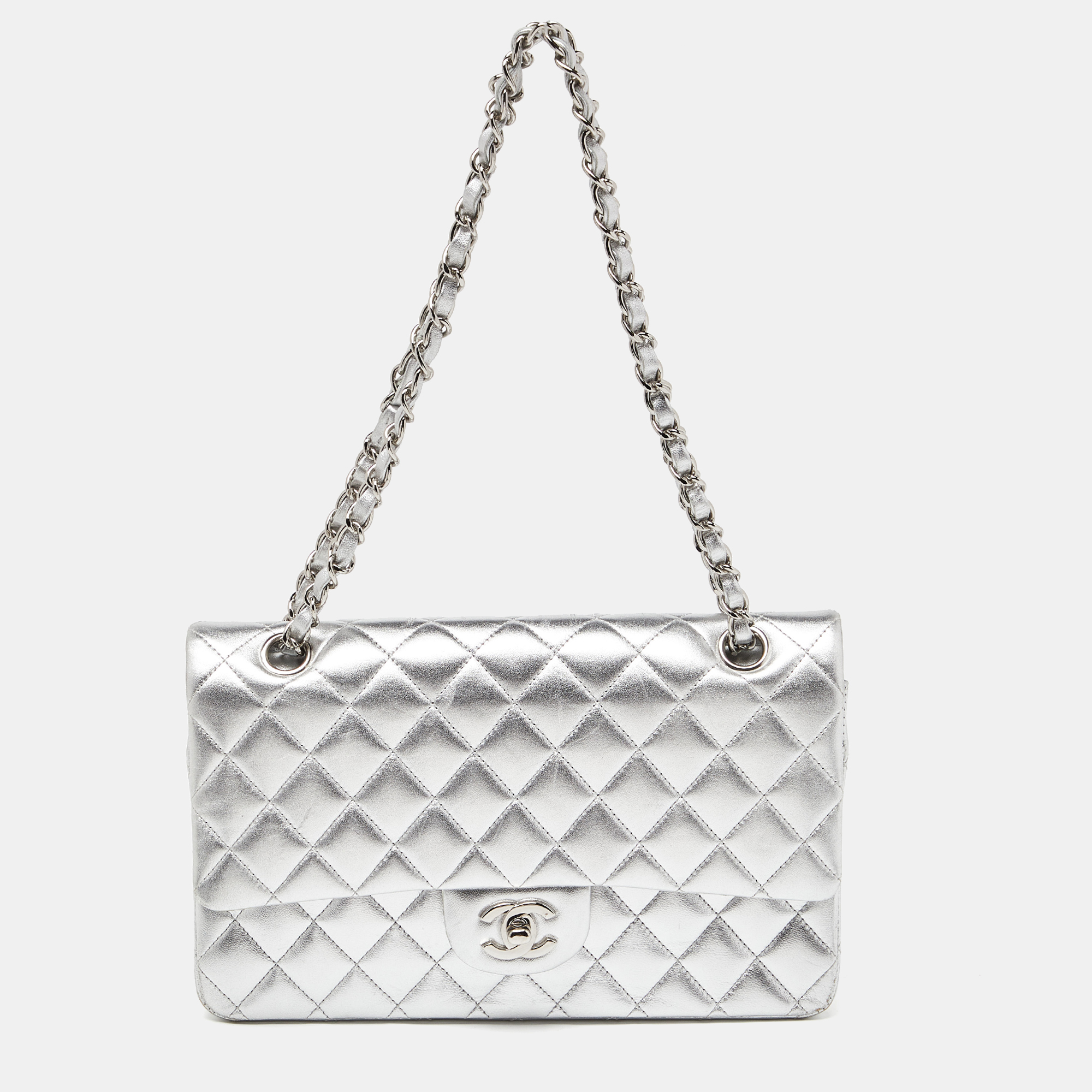 Chanel silver quilted leather medium classic double flap bag