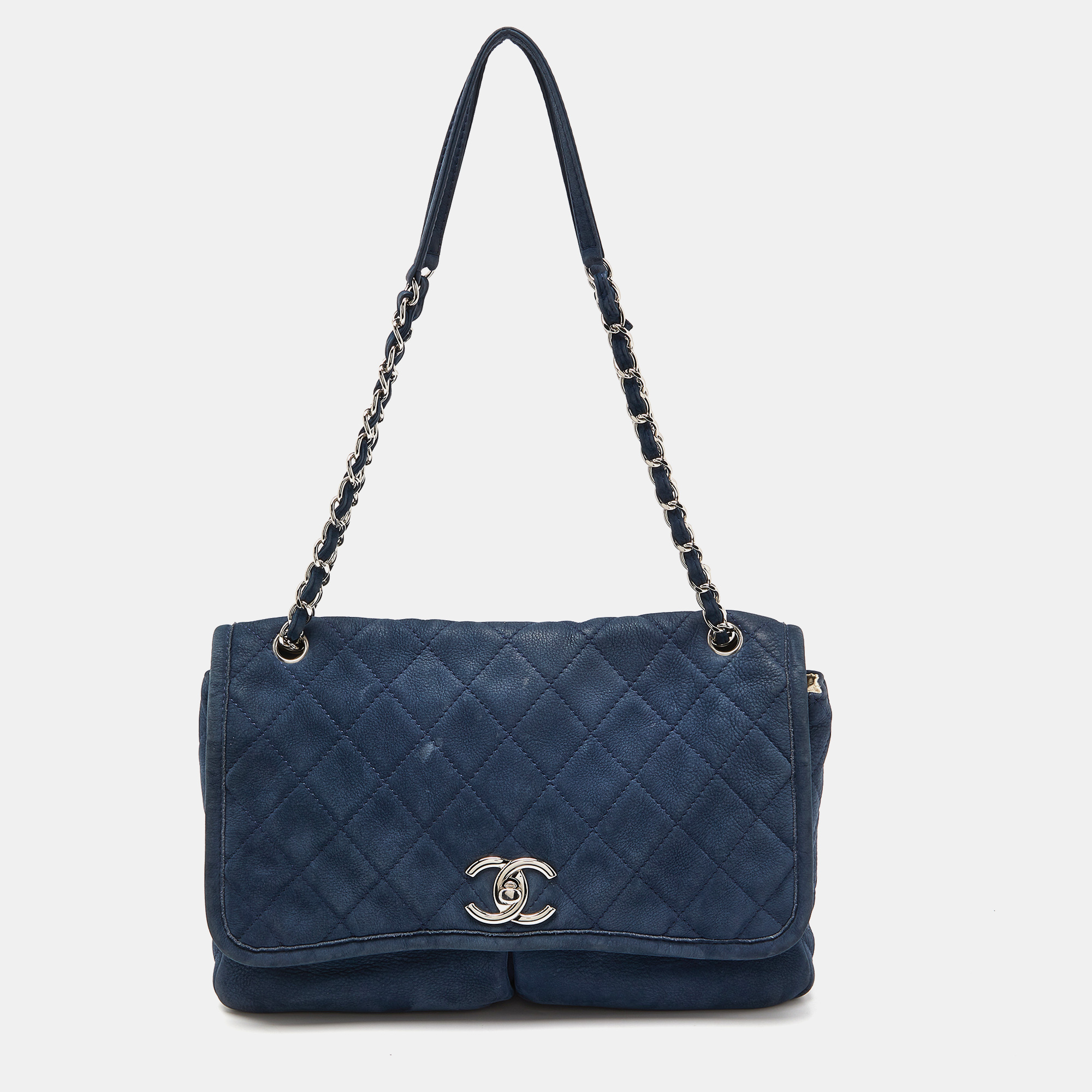 Chanel blue quilted nubuck leather large split pocket flap bag