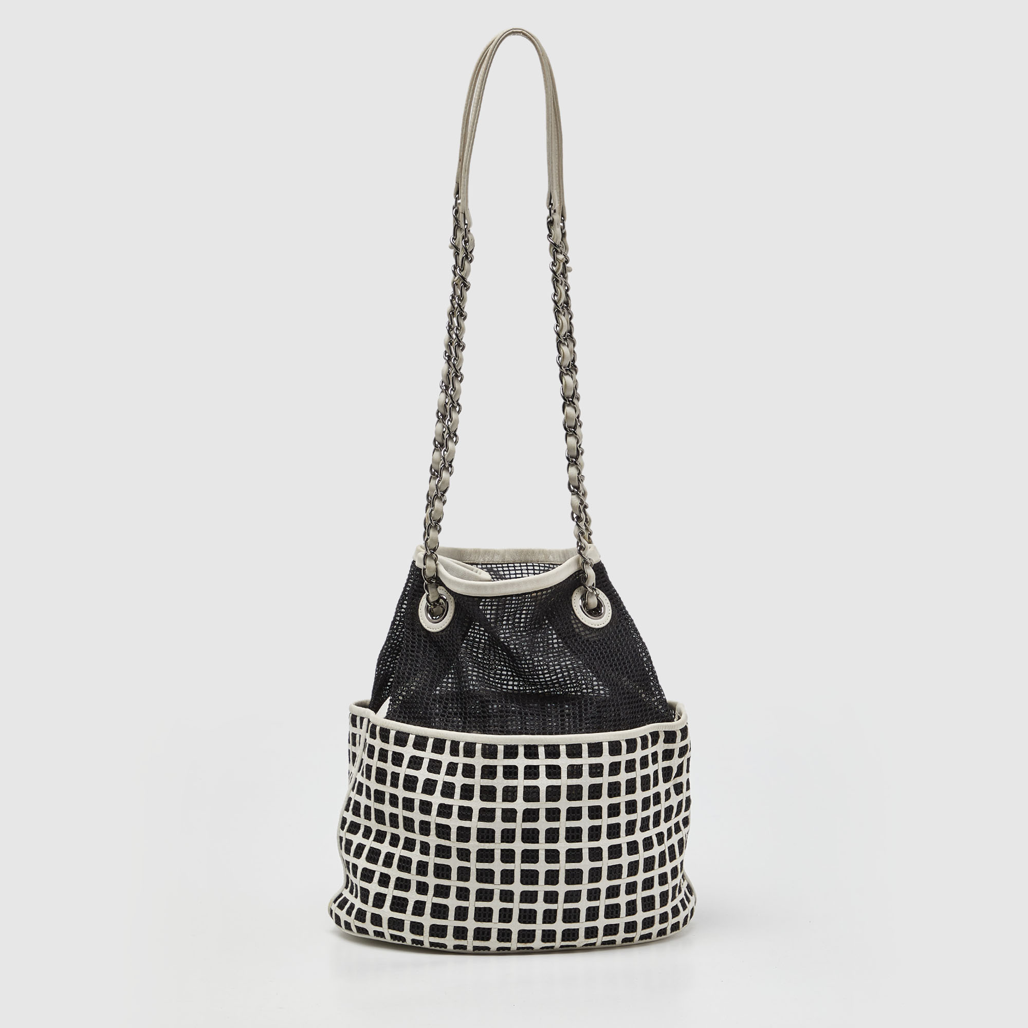 Chanel black/white mesh and leather bucket bag