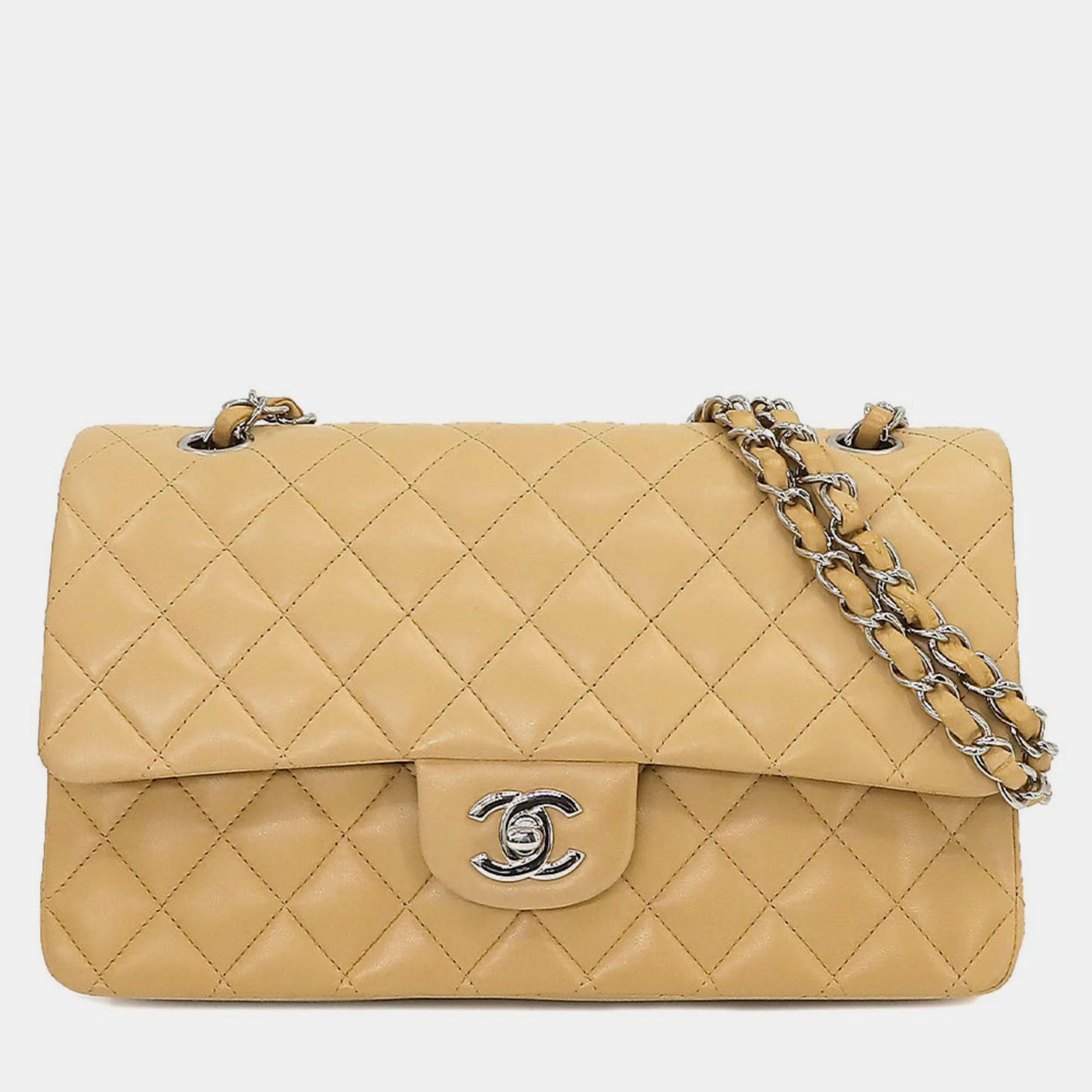 Chanel beige lambskin leather medium classic double flap shoulder bags
