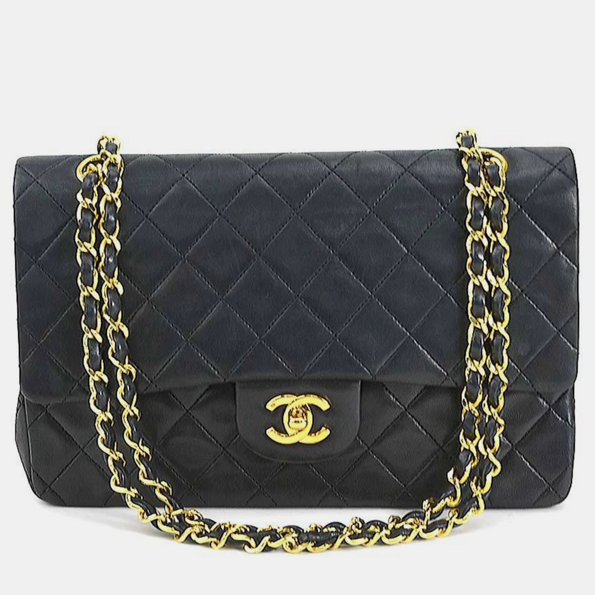Chanel black lambskin quilted small double flap shoulder bag