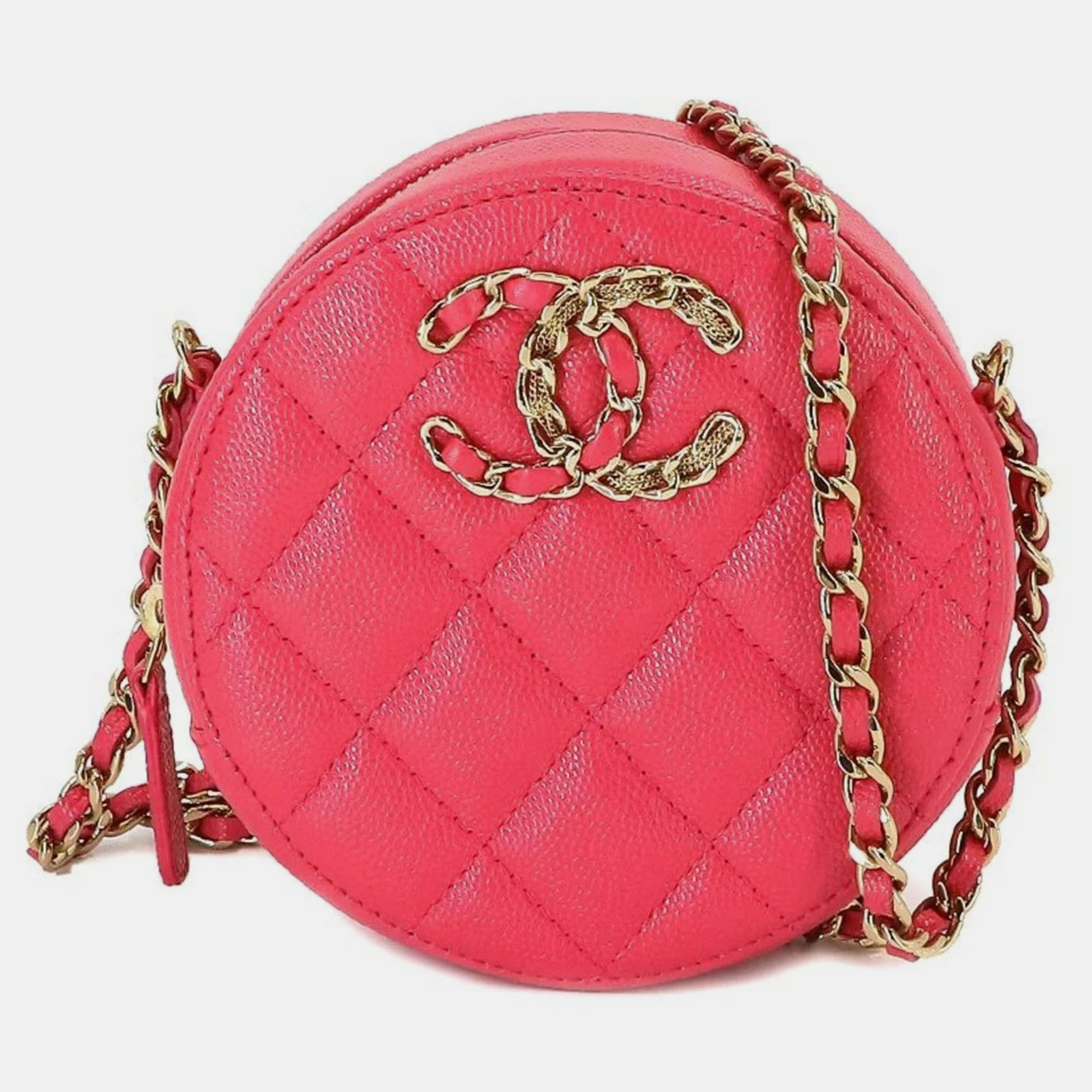 Chanel pink leather round 19 clutch with chain