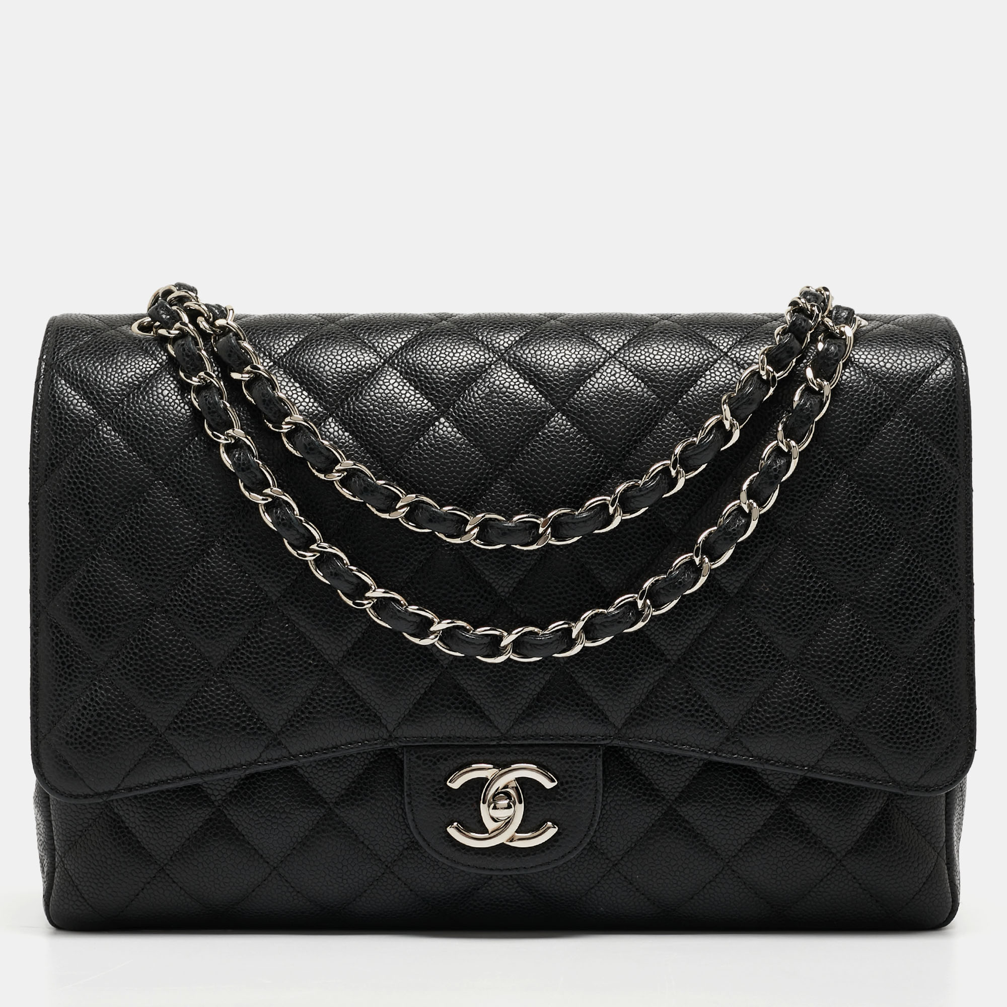 Chanel black quilted caviar leather maxi classic double flap bag