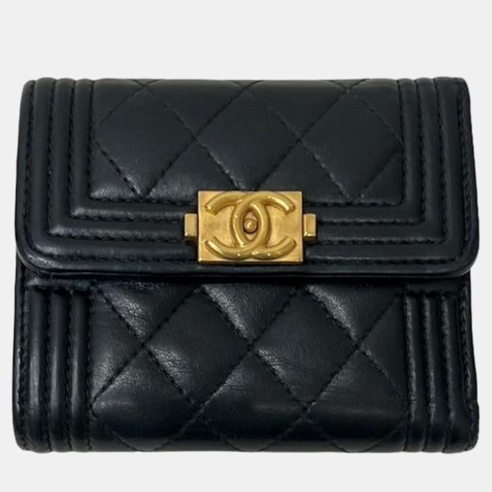 Chanel black leather cc boy flap wallet