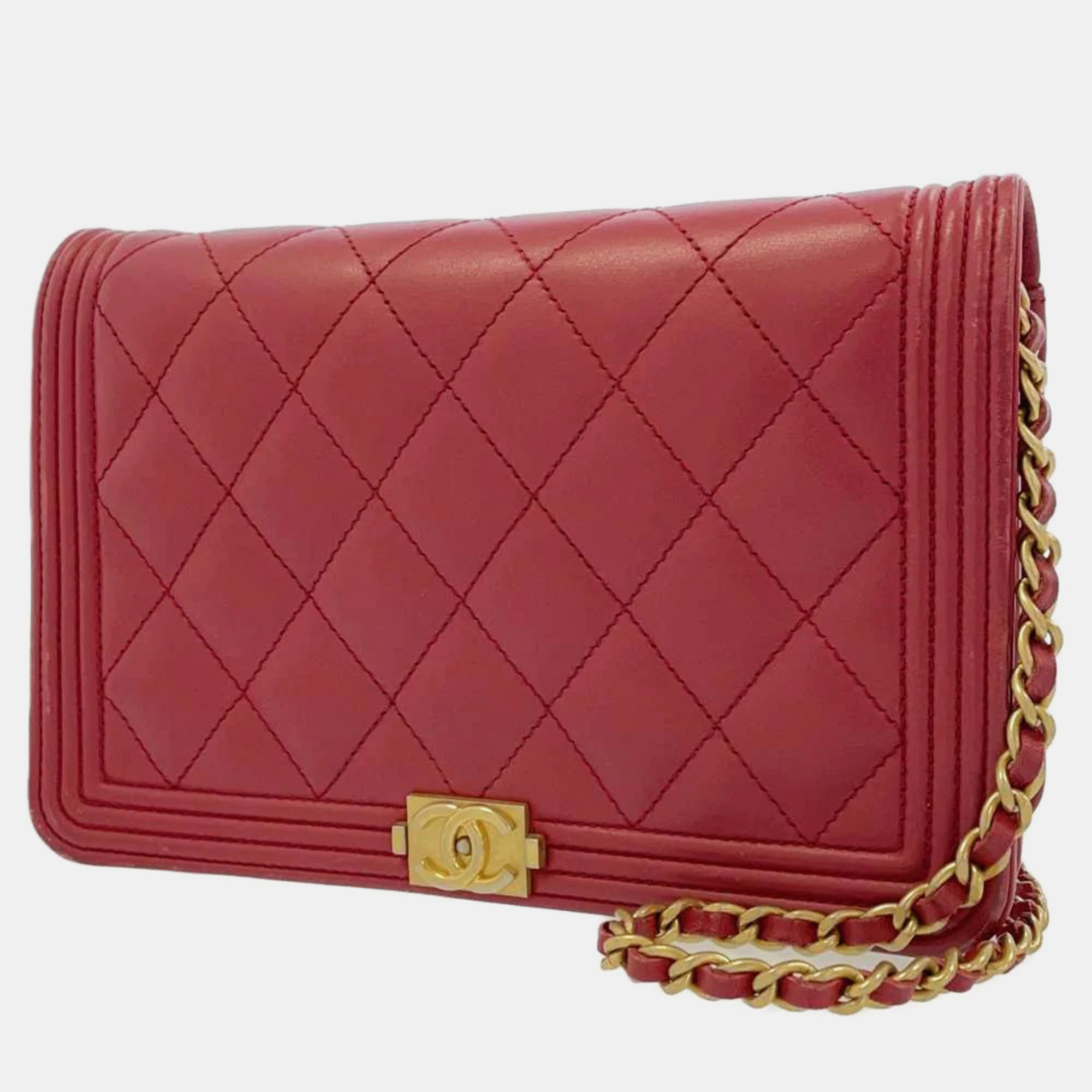 Chanel red leather boy wallet on chain