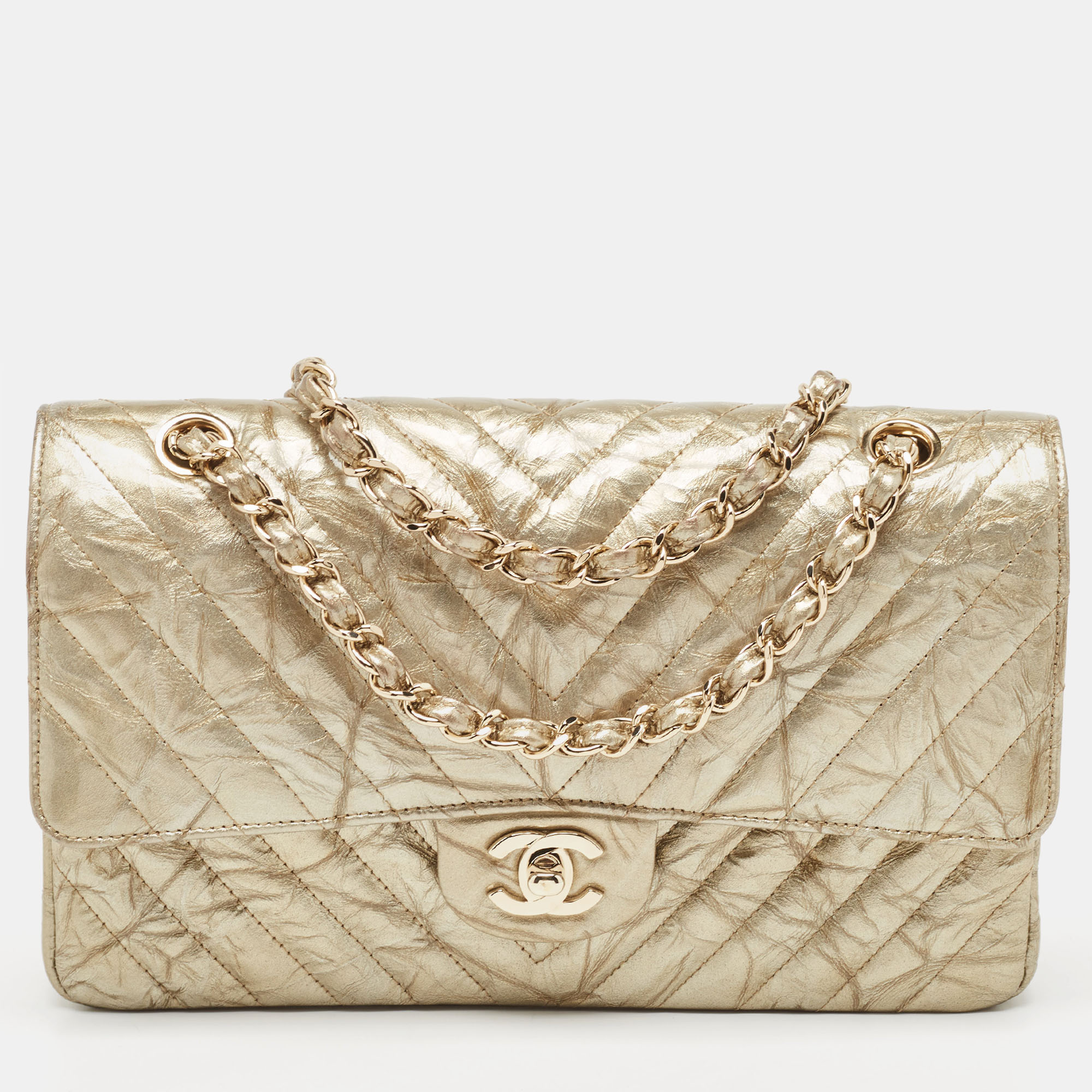 Chanel gold chevron patent leather medium classic double flap bag